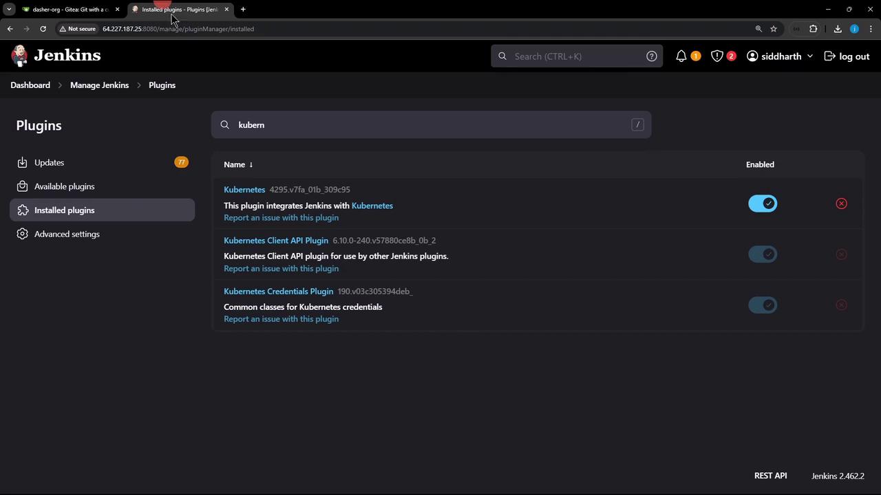 The image shows a Jenkins dashboard displaying installed plugins related to Kubernetes. The interface includes options for managing and enabling these plugins.
