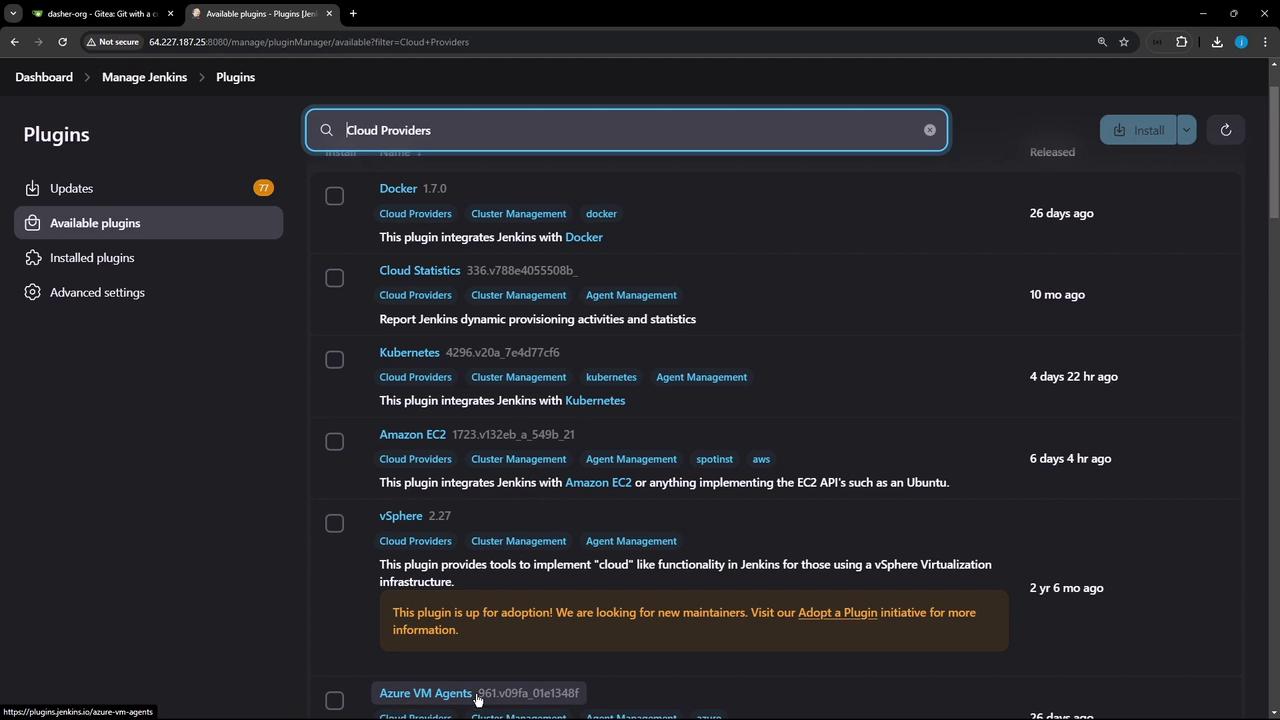 The image shows a Jenkins plugin management interface with a list of available plugins related to cloud providers, such as Docker, Kubernetes, and Amazon EC2. The interface includes options to install and manage these plugins.