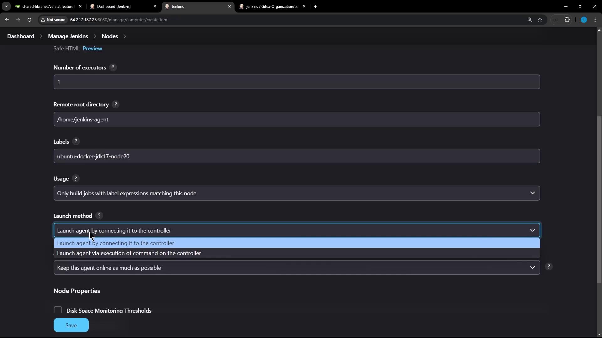 The image shows a Jenkins configuration page for managing nodes, with options for setting the number of executors, remote root directory, labels, usage, and launch method. The "Launch method" dropdown is expanded, showing different options for connecting the agent to the controller.
