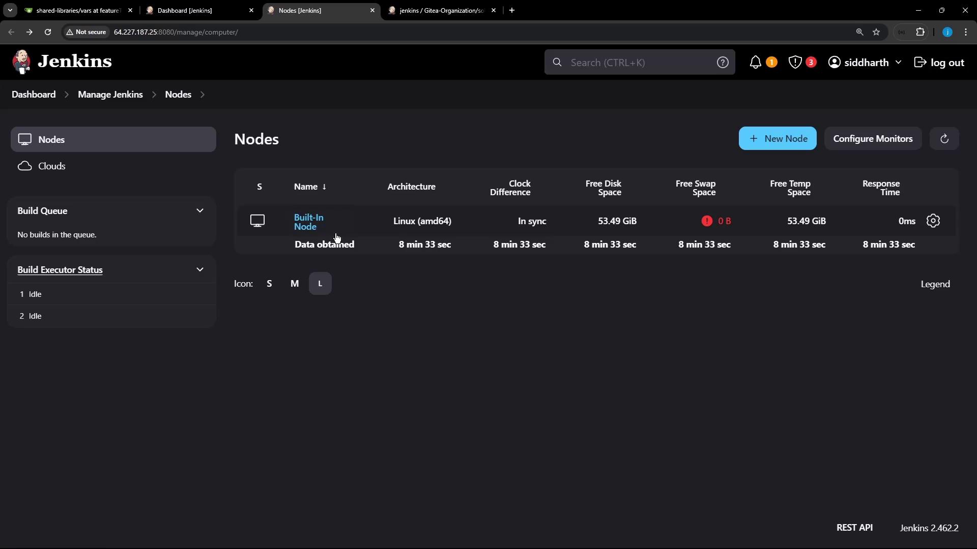 The image shows a Jenkins dashboard displaying node information, including architecture, clock difference, and disk space details. The build queue is empty, and the build executor status shows two idle executors.