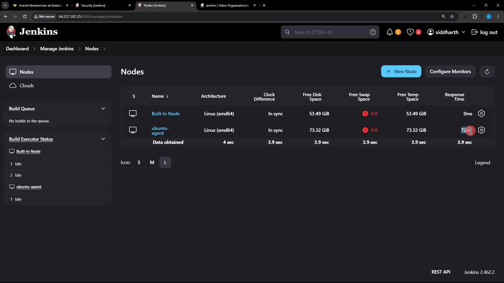 The image shows a Jenkins dashboard displaying node information, including architecture, disk space, and response time for two nodes: "Built-In Node" and "ubuntu-agent."