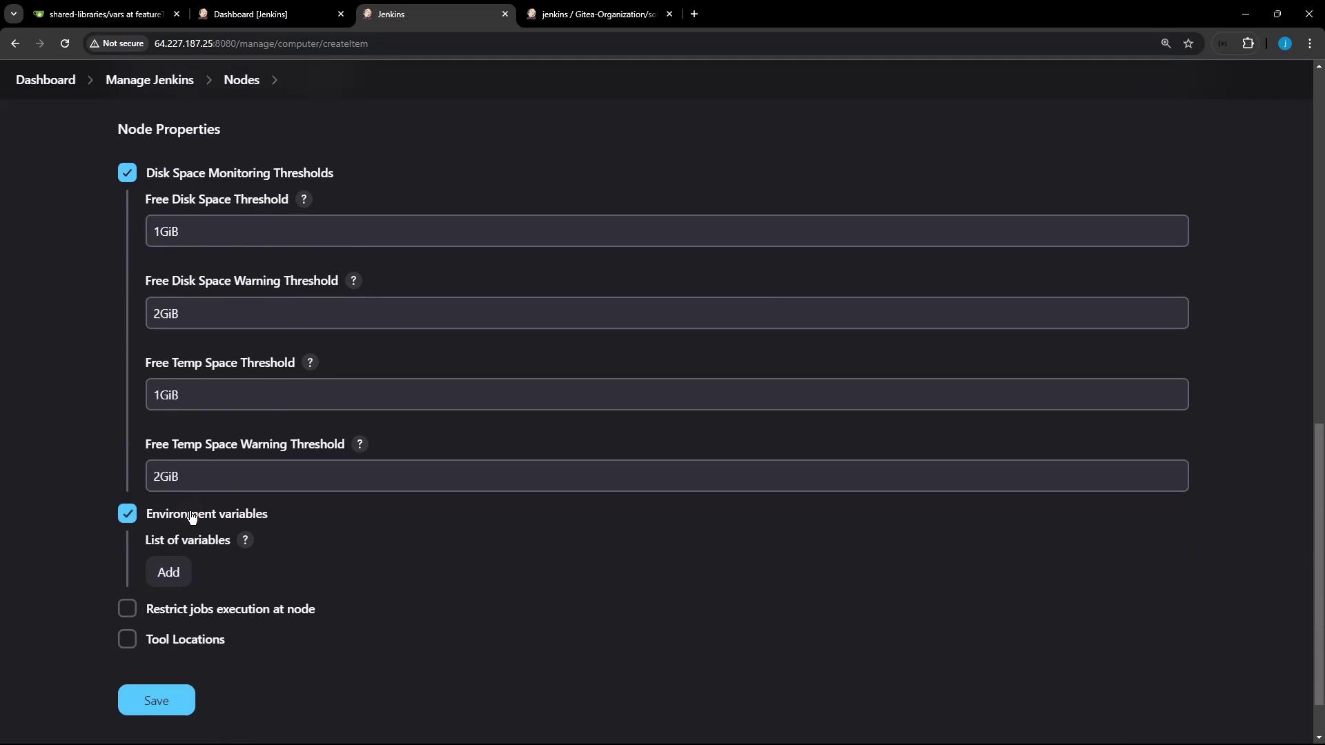 The image shows a Jenkins dashboard interface with node properties settings, including disk space monitoring thresholds and environment variables.