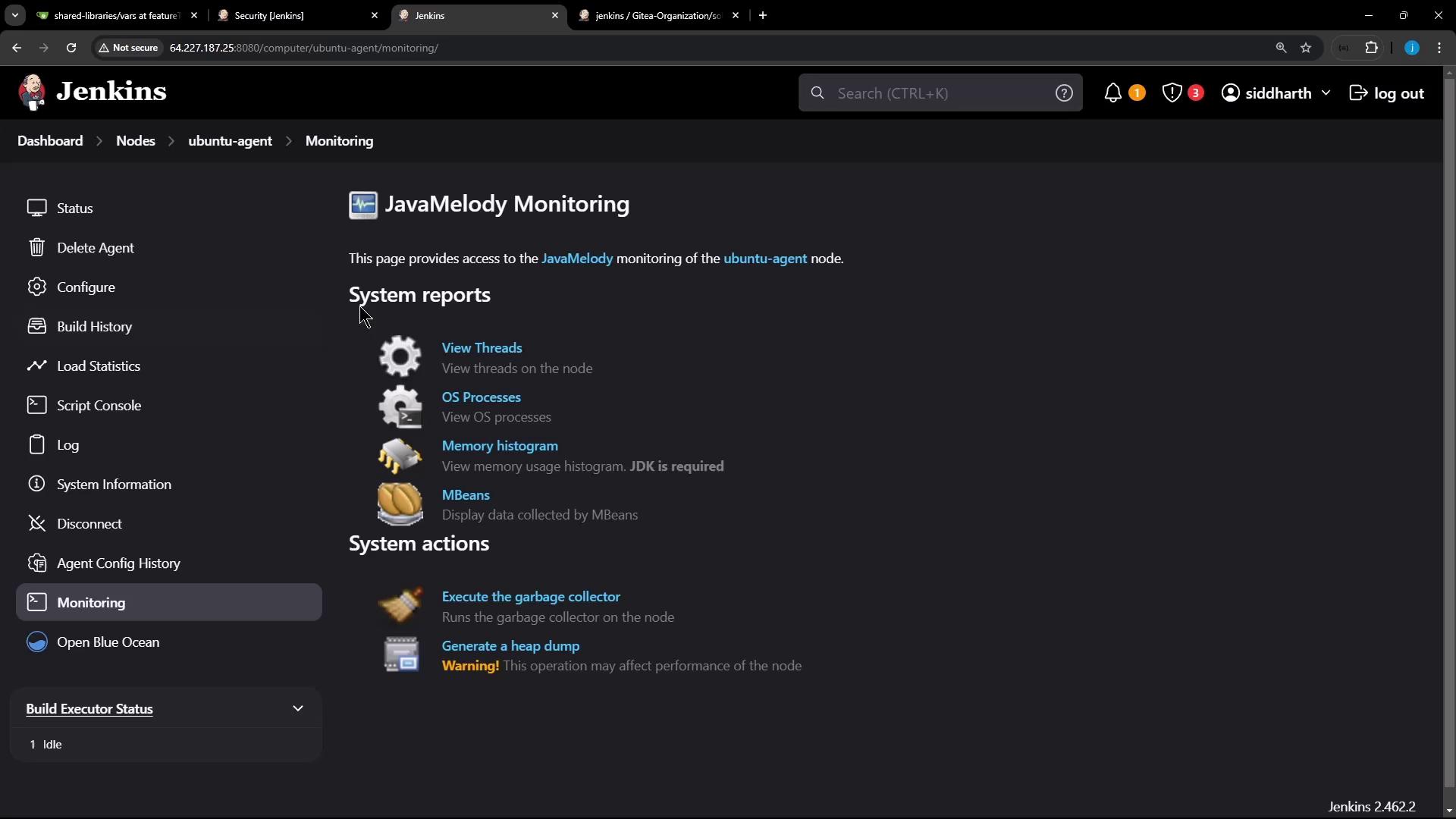 The image shows a Jenkins interface with JavaMelody Monitoring options for system reports and actions, including viewing threads, OS processes, and executing the garbage collector.
