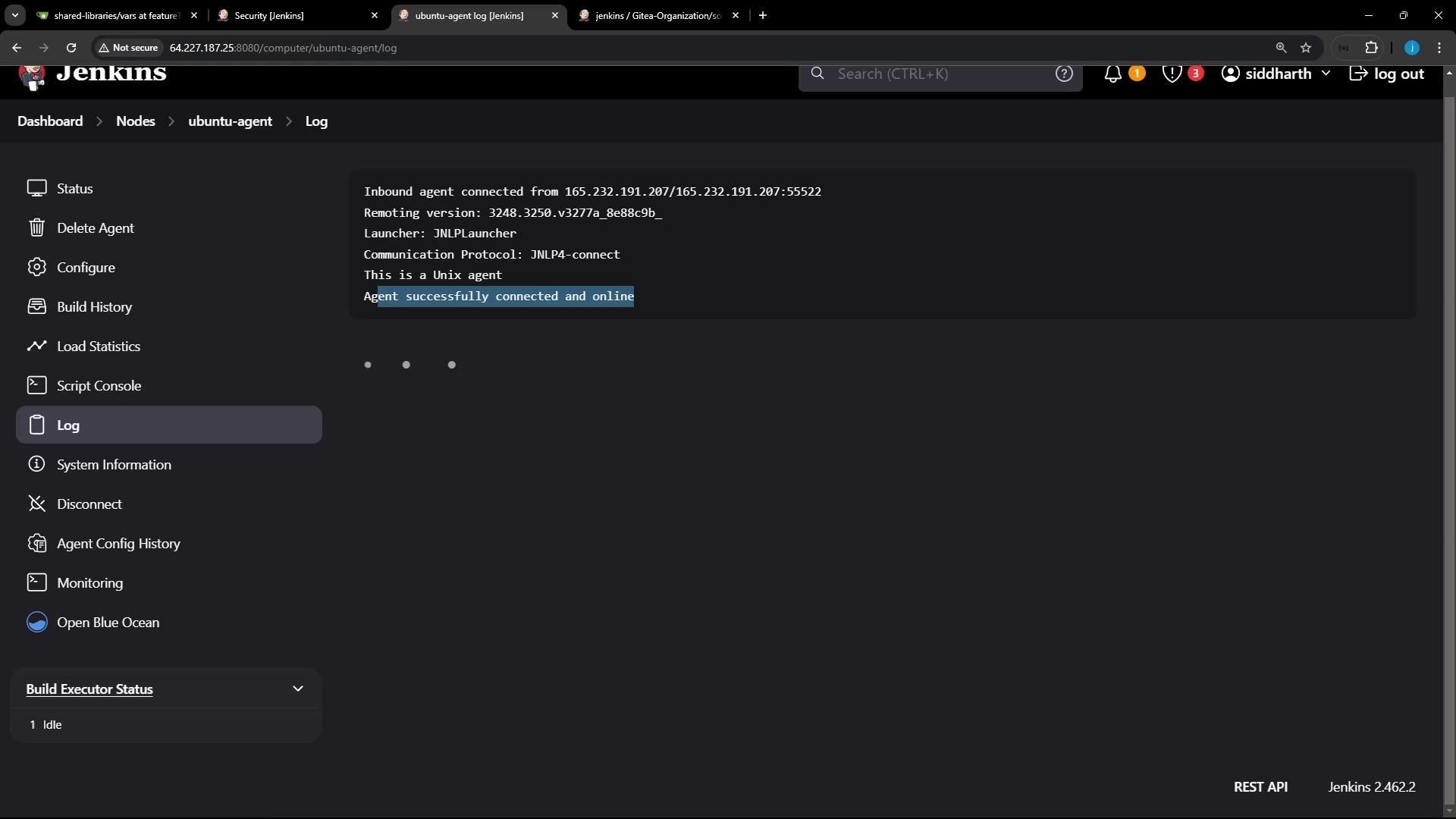 The image shows a Jenkins interface displaying a log for an "ubuntu-agent," indicating that the agent is successfully connected and online. The sidebar includes options like Status, Configure, and Monitoring.