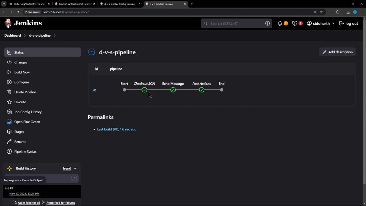 The image shows a Jenkins dashboard displaying the status of a pipeline named "d-v-s-pipeline," with stages like "Checkout SCM" and "Echo Message" marked as completed. The interface includes options for configuring and managing the pipeline.