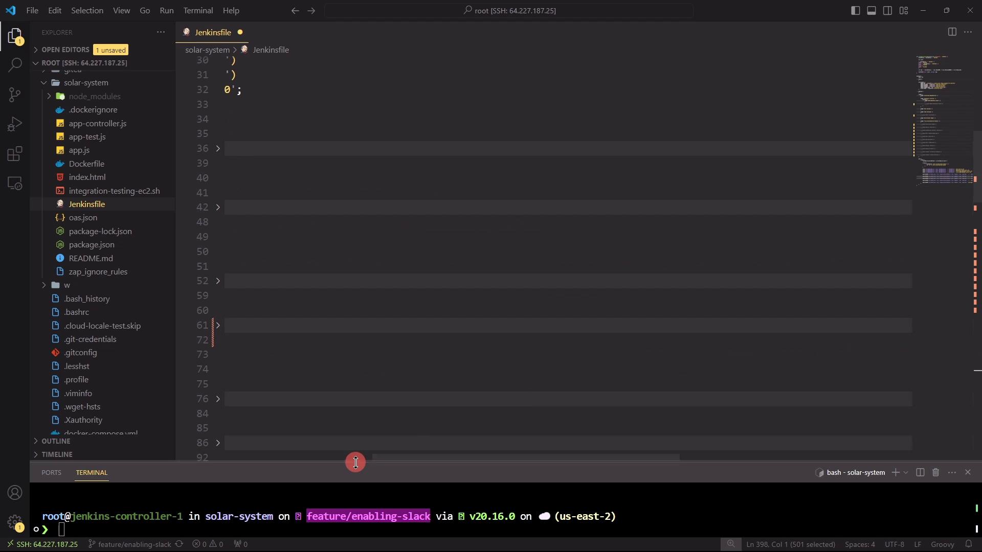 The image shows a Visual Studio Code interface with a file explorer on the left, displaying a project directory named "solar-system" and a "Jenkinsfile" open in the editor. The terminal at the bottom indicates an SSH connection to a server.