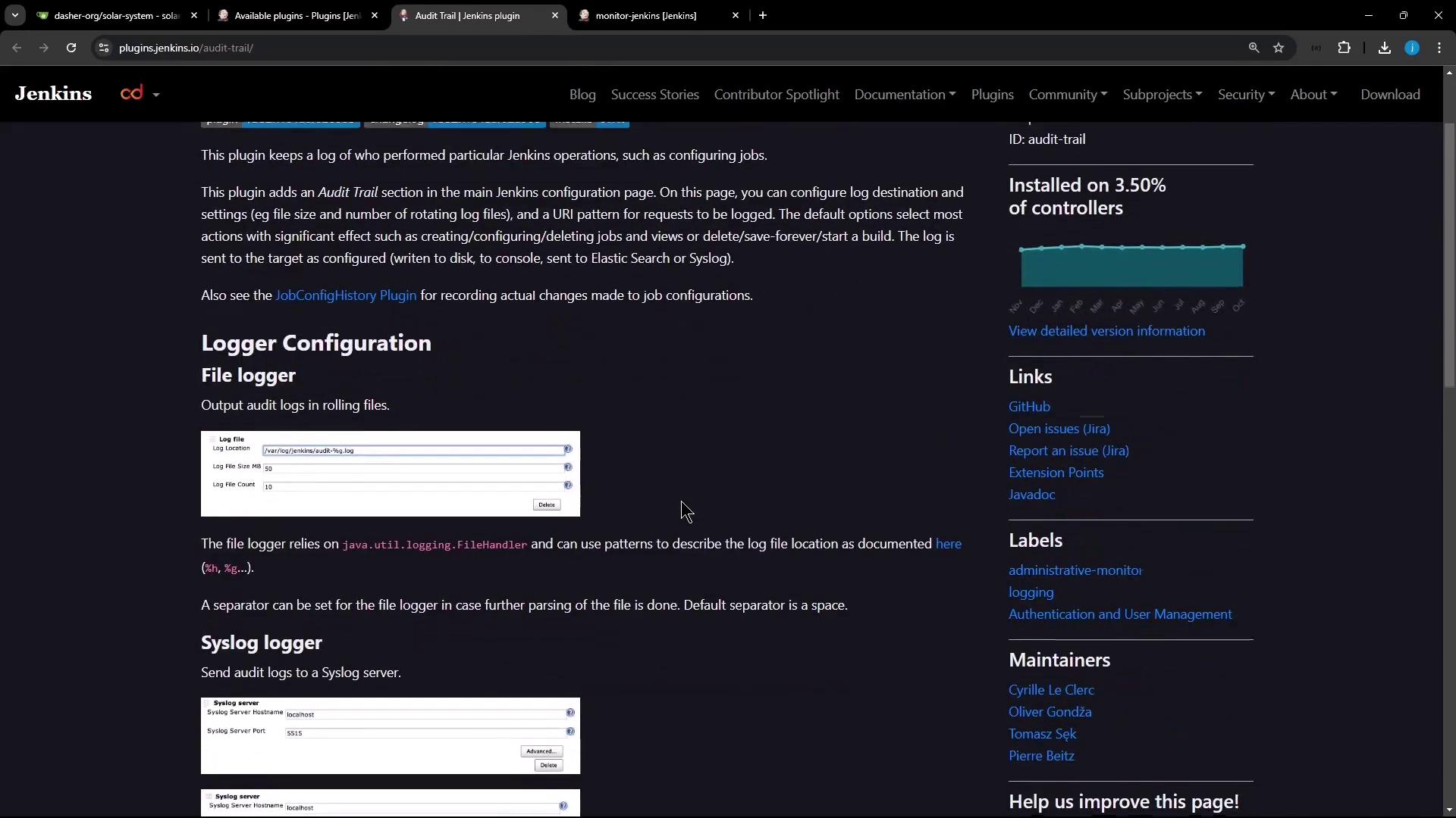 The image shows a webpage from the Jenkins website, detailing the configuration of an Audit Trail plugin, including logger settings and related links.