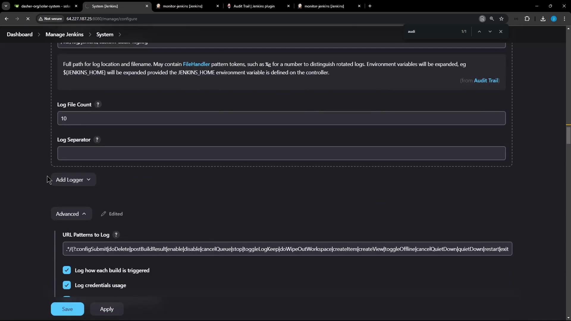 The image shows a Jenkins system configuration page with options for setting log file parameters and URL patterns to log. There are buttons for adding a logger, saving, and applying changes.