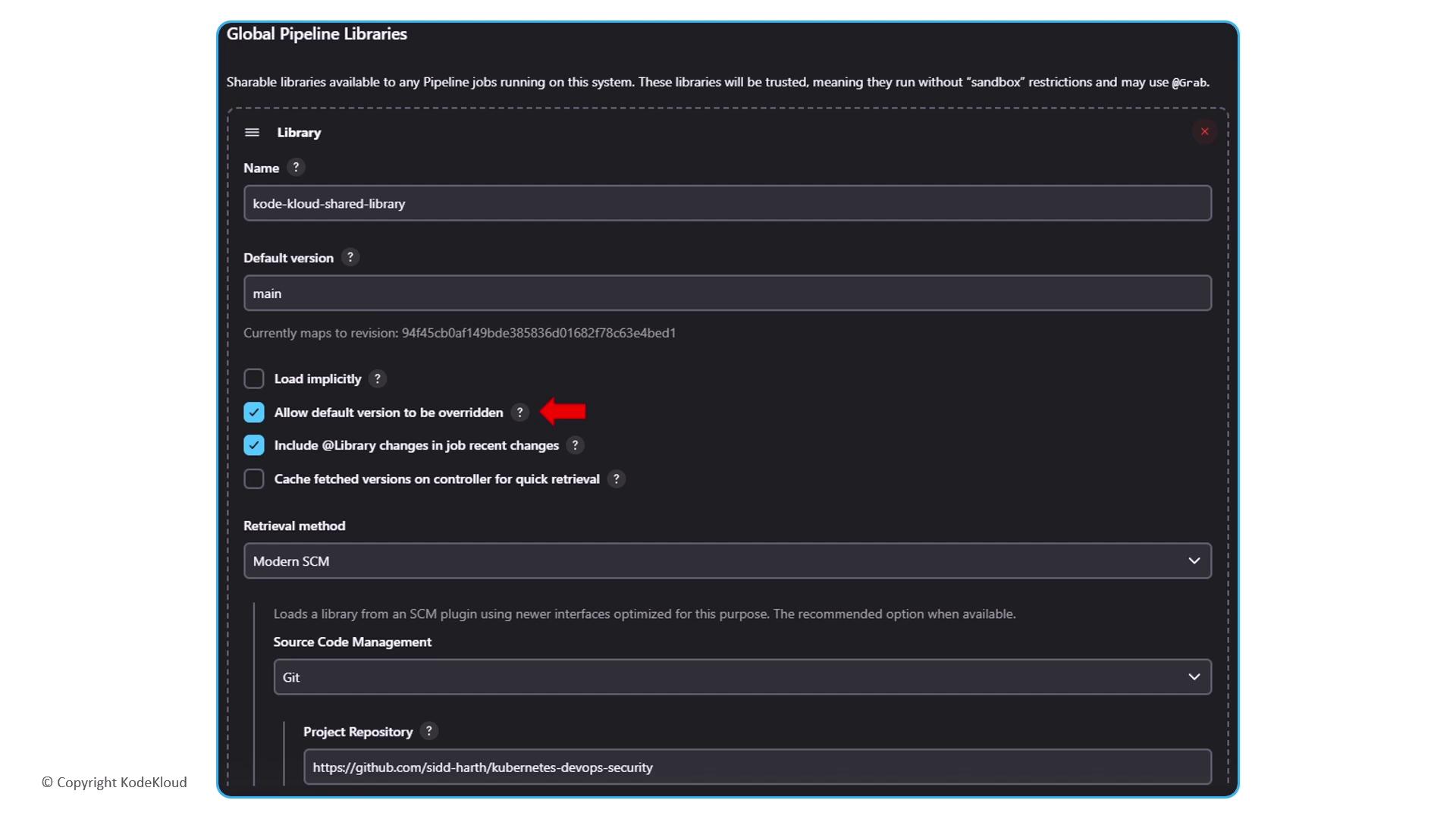 The image shows a configuration screen for "Global Pipeline Libraries" with options for setting a library name, default version, and retrieval method. It includes checkboxes for options like allowing the default version to be overridden and including library changes in job recent changes.