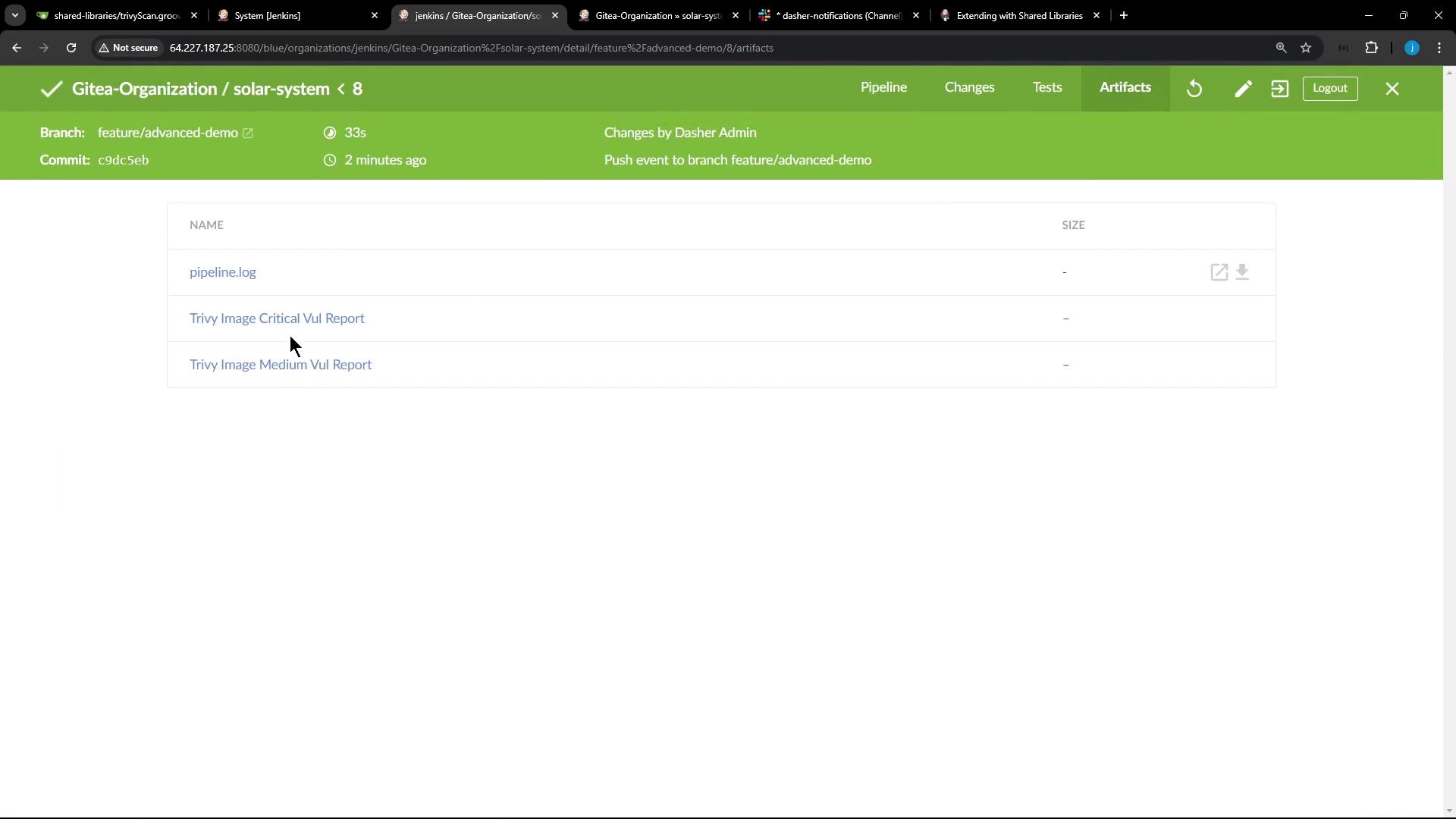 The image shows a Jenkins interface displaying artifacts from a build pipeline, including a pipeline log and Trivy vulnerability reports.