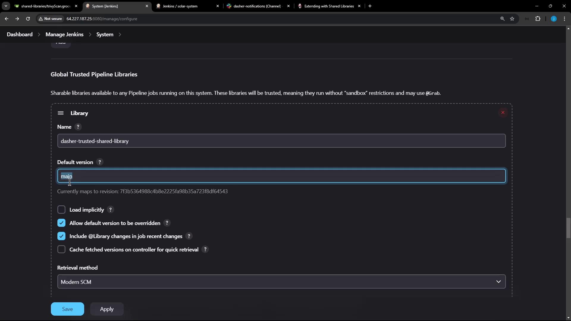 The image shows a Jenkins configuration screen for managing global trusted pipeline libraries, with options to set the library name, default version, and other settings.