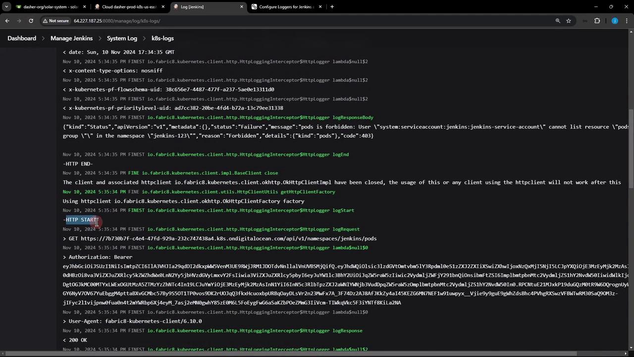 The image shows a screenshot of a Jenkins log file with HTTP requests and responses, including error messages related to Kubernetes permissions.