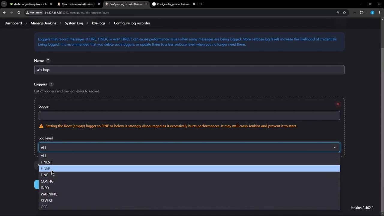The image shows a Jenkins configuration screen for setting up a log recorder named "k8s-logs," with a dropdown menu for selecting log levels such as ALL, FINEST, FINER, and others. There is a warning about setting the Root logger to FINE or below due to performance issues.