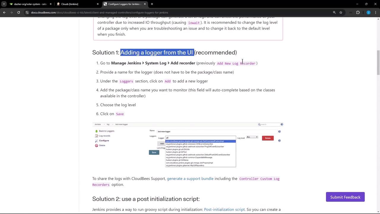 The image is a screenshot of a webpage providing instructions on how to add a logger from the UI in Jenkins, including a step-by-step guide and a partial view of the Jenkins interface.