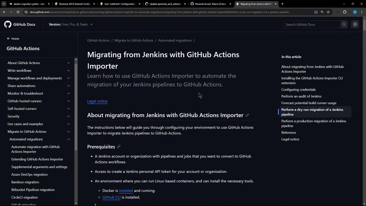 The image shows a GitHub documentation page about migrating from Jenkins to GitHub Actions using the GitHub Actions Importer. It includes a sidebar with navigation links and a section detailing prerequisites for the migration process.