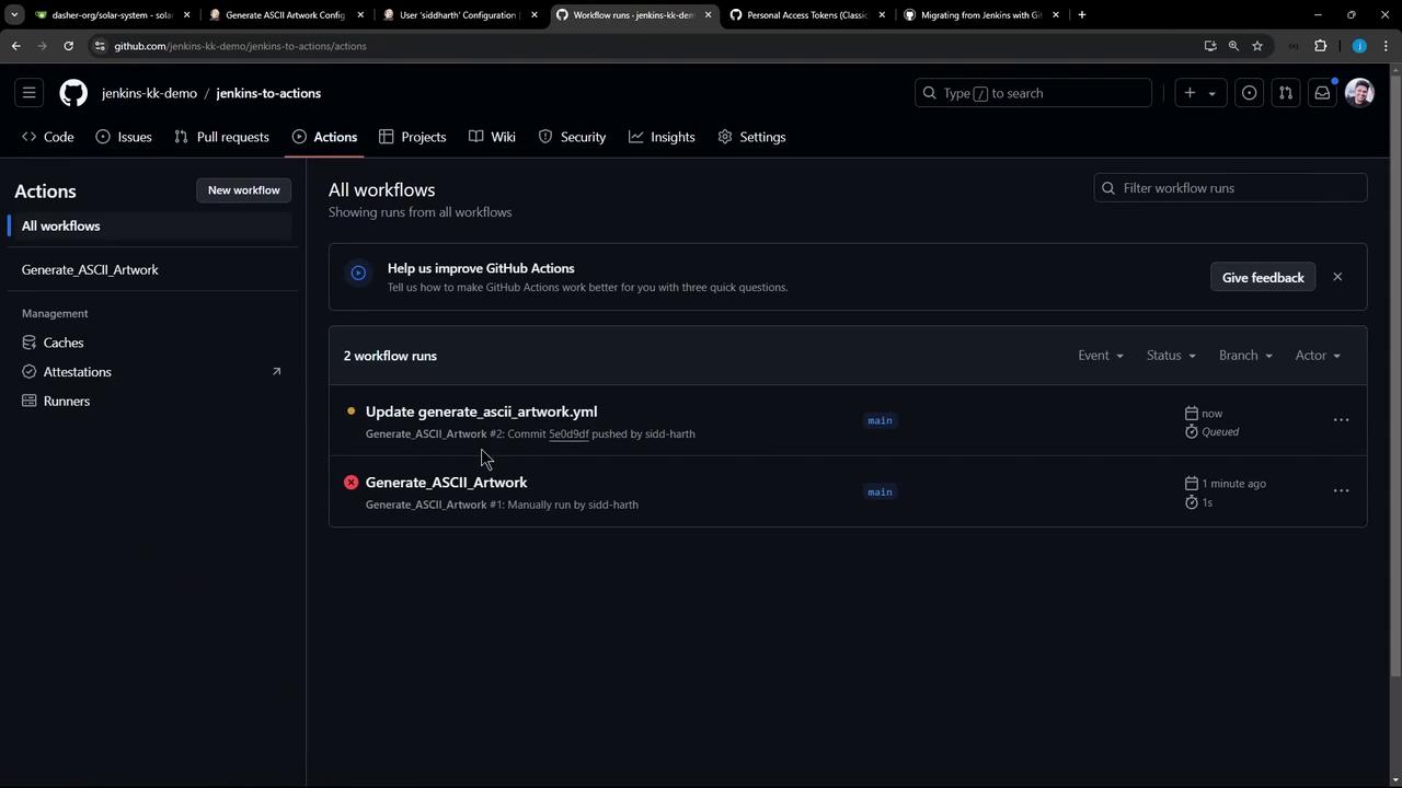 The image shows a GitHub Actions interface with a list of workflow runs, including "Update generate_ascii_artwork.yml" and "Generate_ASCII_Artwork," displaying their status and details.