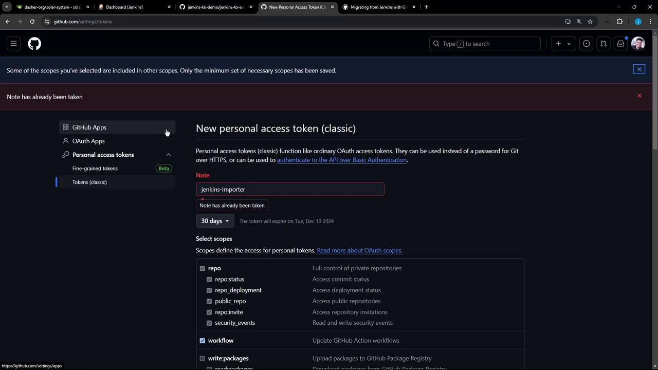 The image shows a GitHub settings page for creating a new personal access token, with various scopes and options selected. The note field indicates "jenkins-importer," and a message states that the note has already been taken.