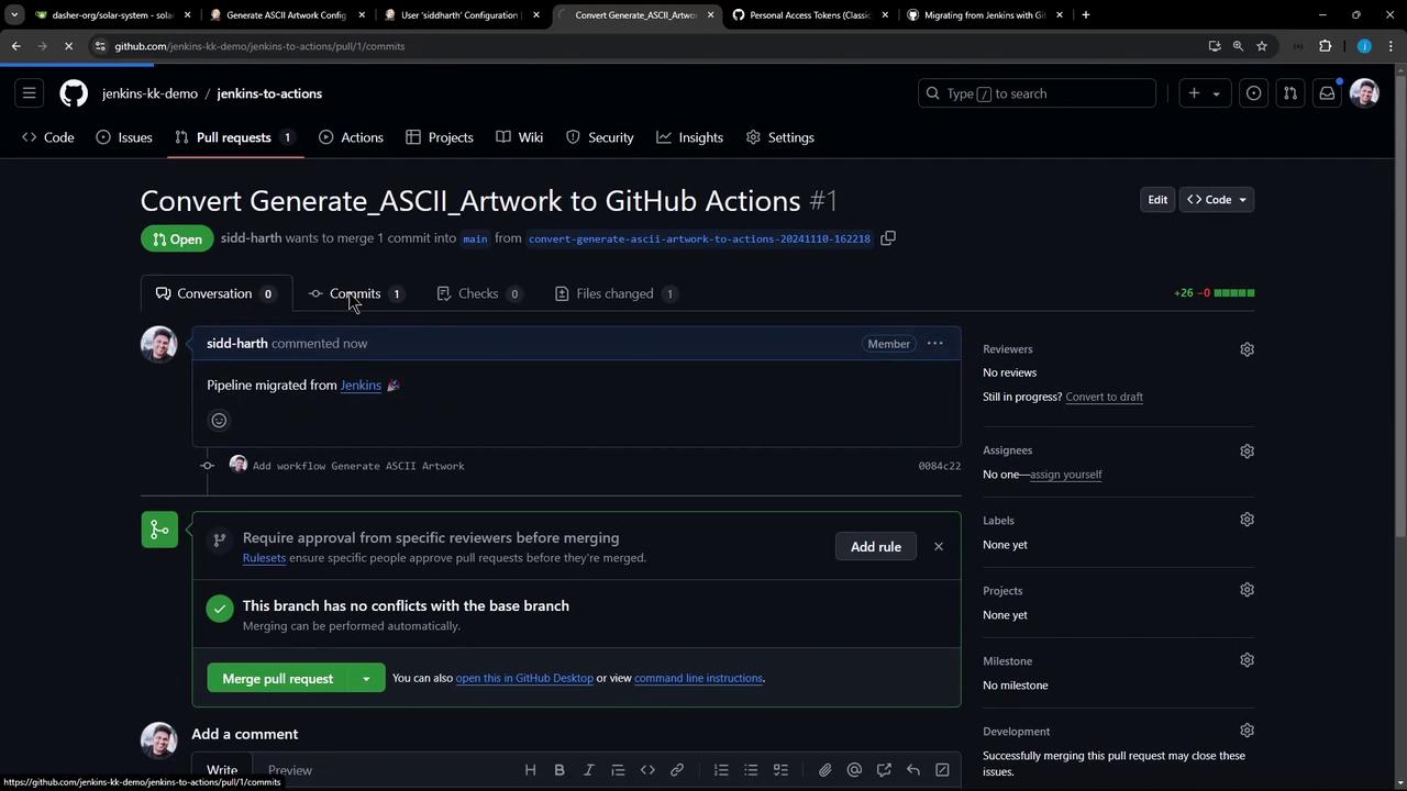 The image shows a GitHub pull request page titled "Convert Generate_ASCII_Artwork to GitHub Actions," with details about the commit and options to merge the request.