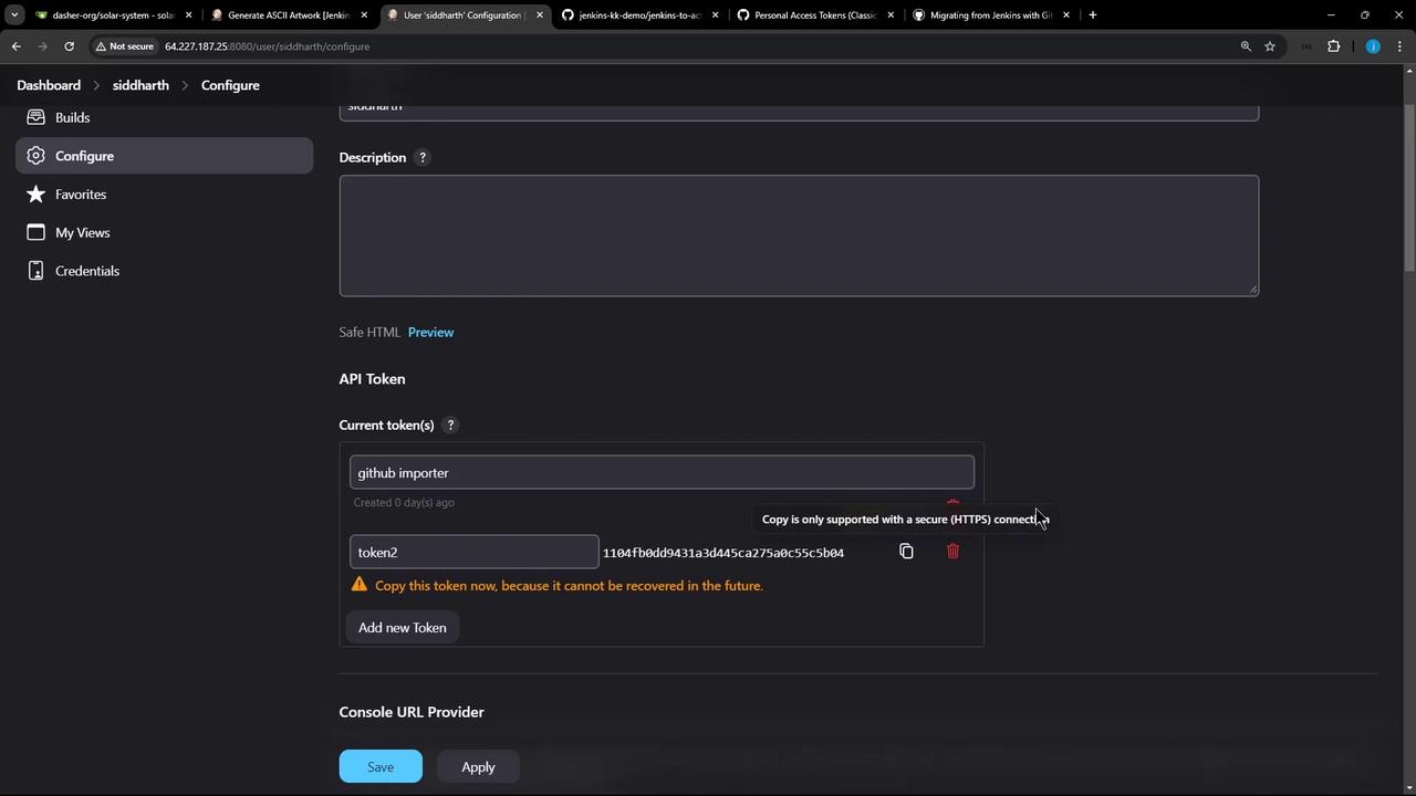 The image shows a configuration screen for a user named "siddharth" with sections for description and API tokens. It includes options to add new tokens and a warning about copying tokens securely.