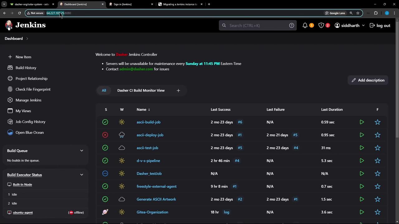 The image shows a Jenkins dashboard with a list of build jobs, their statuses, last success and failure times, and durations. The interface includes navigation options on the left and a notification about server maintenance.