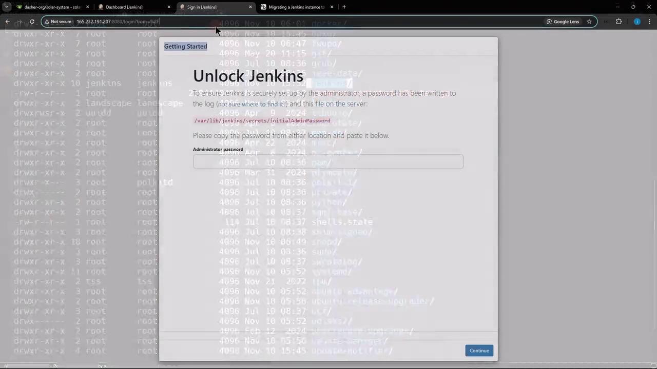 The image shows a Jenkins setup screen prompting for an administrator password to unlock Jenkins. The background displays a terminal with directory listings.