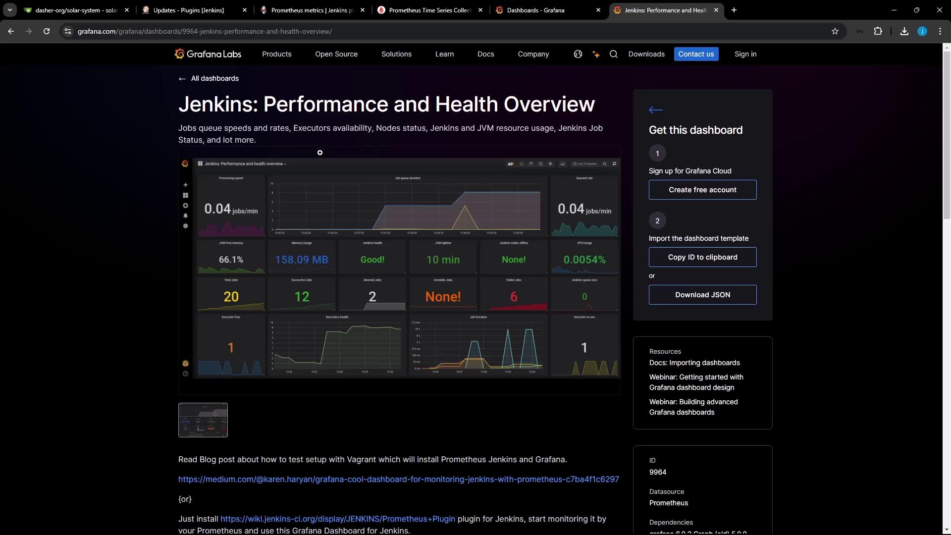 The image shows a Grafana dashboard for Jenkins, displaying performance and health metrics such as job queue speeds, memory usage, and executor availability. It includes various graphs and statistics, with options to download or import the dashboard.