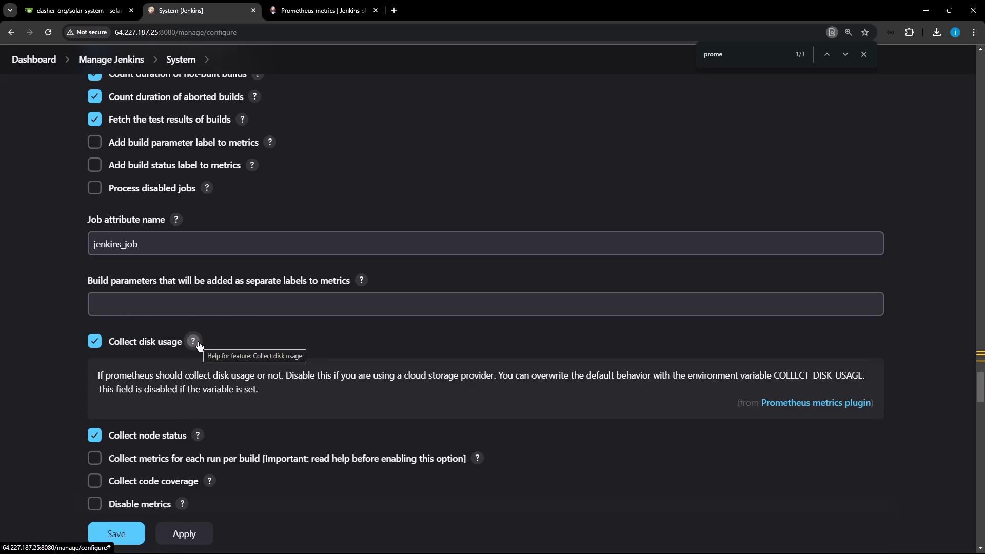 The image shows a Jenkins configuration page with various options for managing metrics, including settings for job attributes, disk usage, and node status.