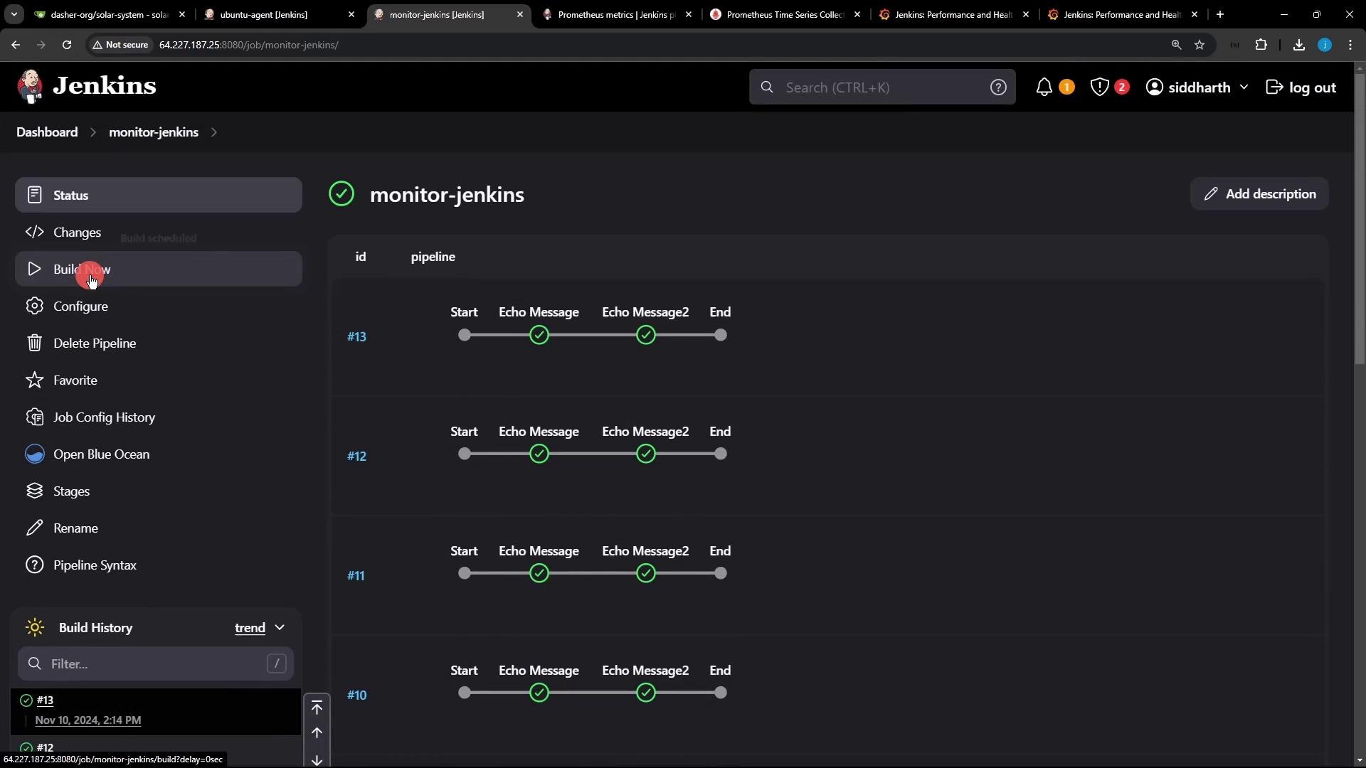 The image shows a Jenkins dashboard with a pipeline view, displaying the status of several build stages. The sidebar includes options like "Build Now," "Configure," and "Open Blue Ocean."