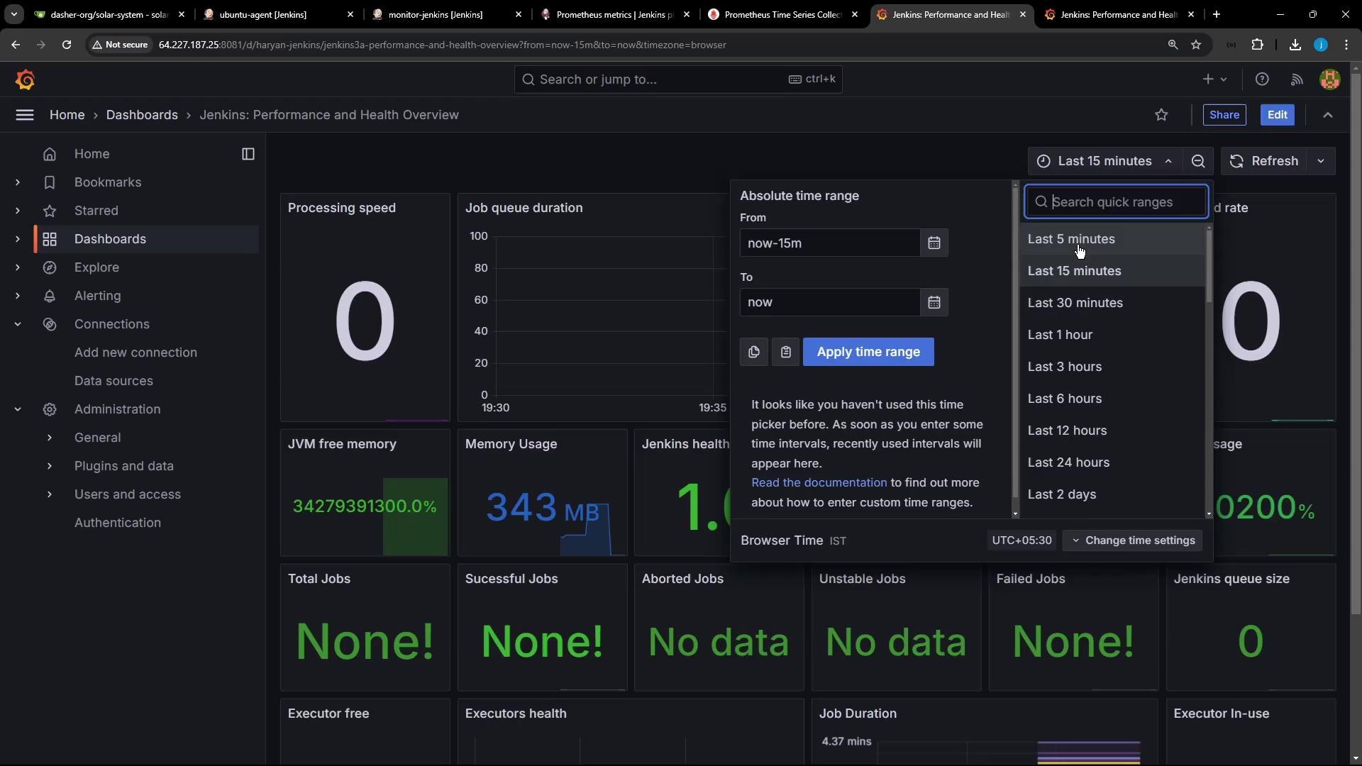 The image shows a Jenkins performance and health overview dashboard with various metrics like processing speed, job queue duration, and memory usage. A time range selection menu is open, displaying options for different time intervals.