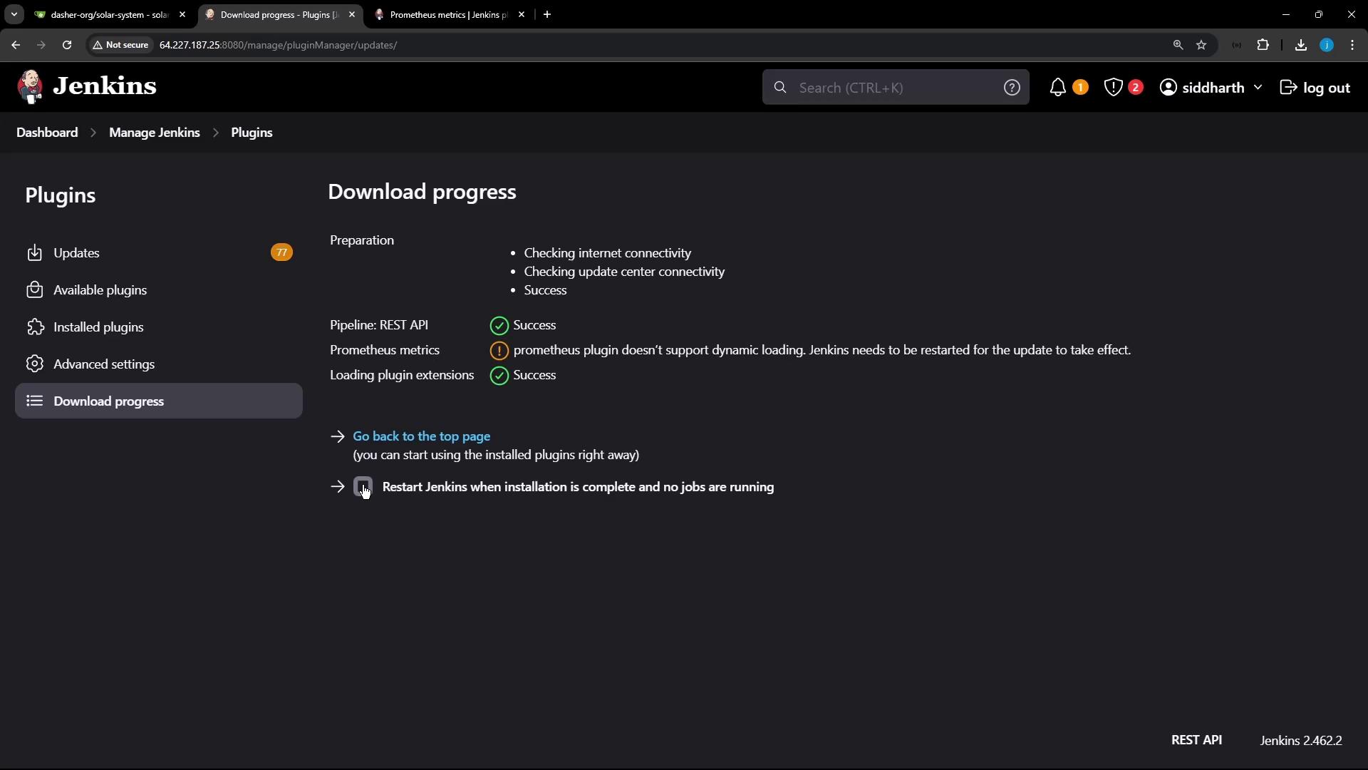 The image shows a Jenkins interface displaying the download progress of plugins, with some tasks marked as successful and a note indicating that a restart is needed for changes to take effect.