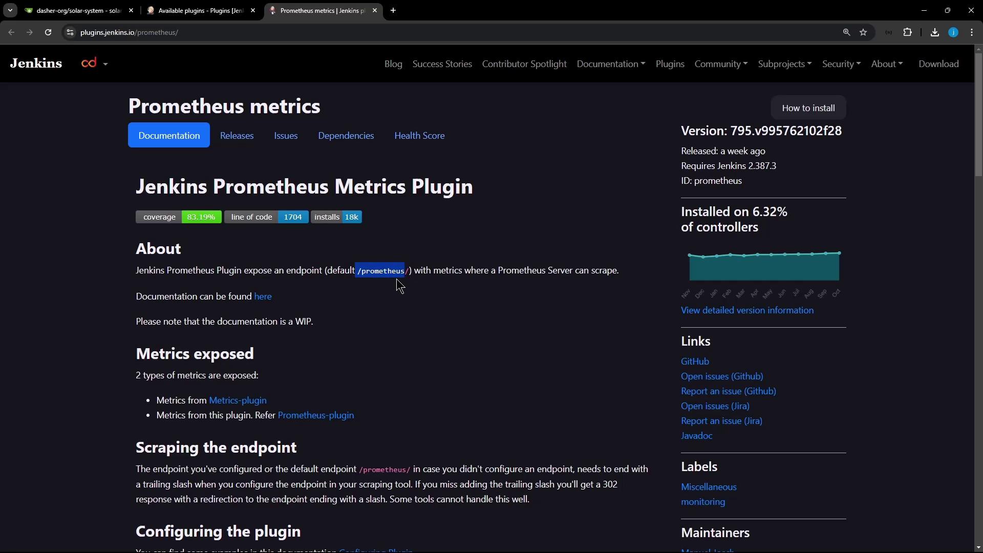 The image shows a webpage for the Jenkins Prometheus Metrics Plugin, detailing its features, version, installation statistics, and links for further information.