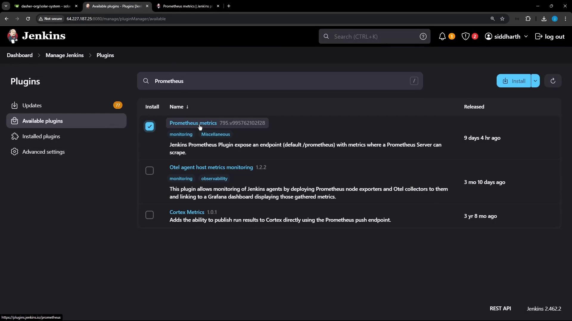 The image shows a Jenkins interface displaying available plugins related to Prometheus metrics, with options to install them.