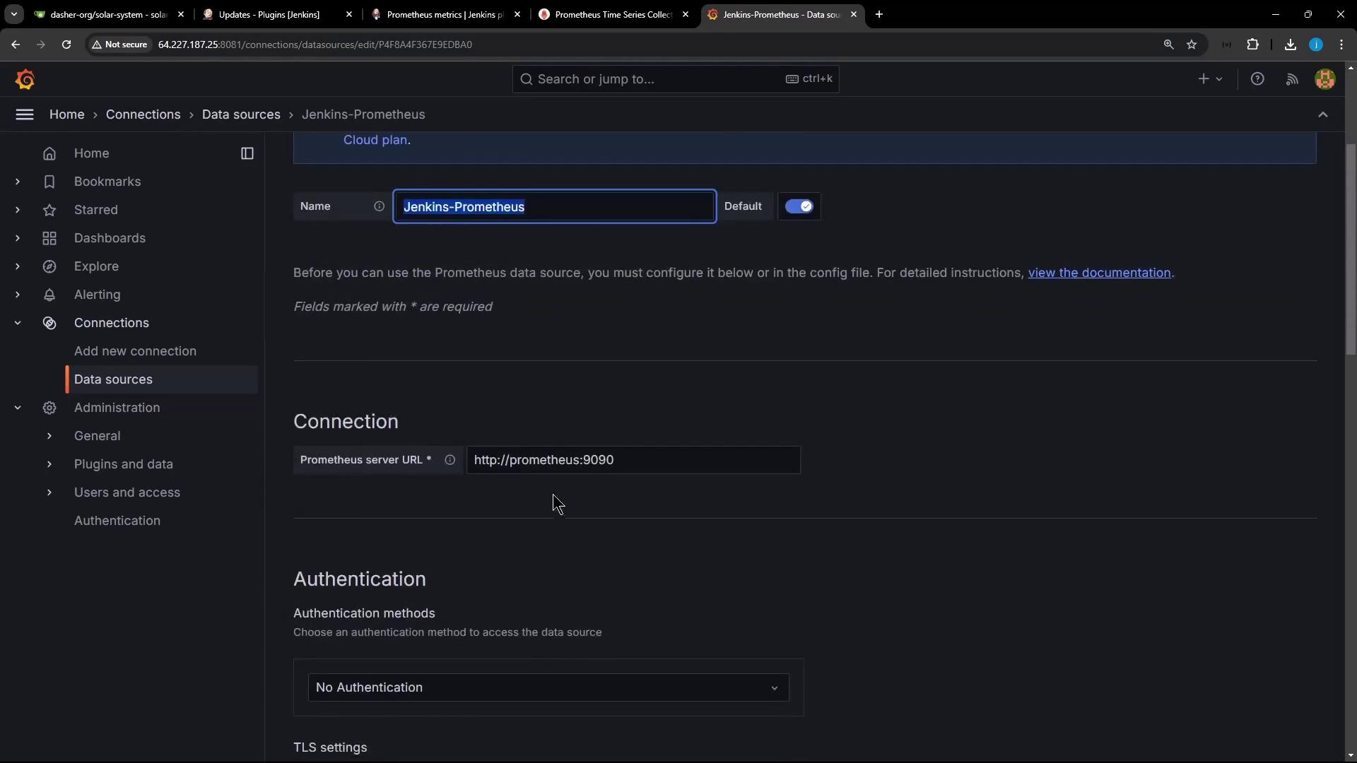 The image shows a configuration screen for setting up a Prometheus data source in a web application, with fields for the server URL and authentication methods. The interface includes navigation options on the left side.