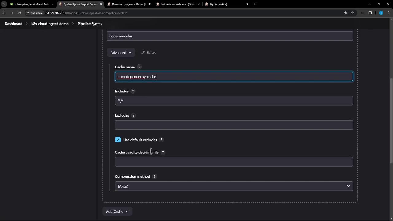 The image shows a Jenkins pipeline configuration screen with settings for caching, including fields for cache name, includes, excludes, and compression method. The cache name is set to "npm-dependecny-cache" with a typo in "dependency."