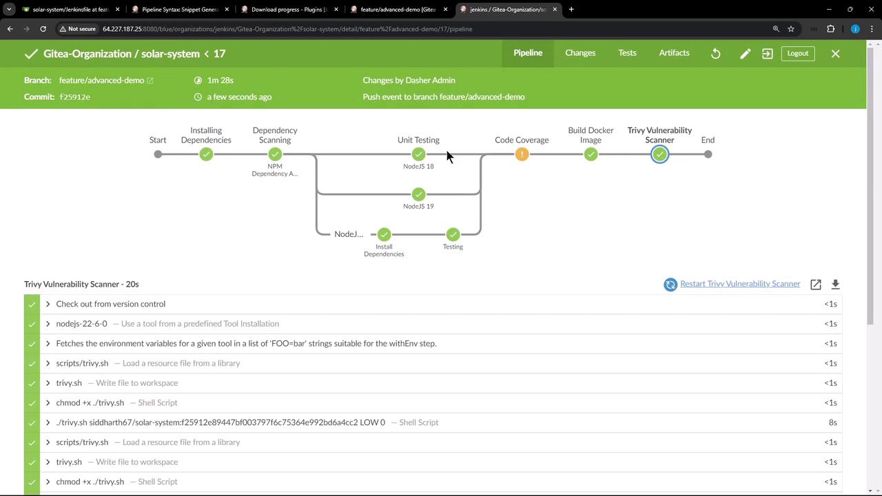 The image shows a Jenkins pipeline interface for a project named "solar-system" with various stages like installing dependencies, unit testing, and vulnerability scanning. The pipeline appears to have completed successfully, with all stages marked as successful.