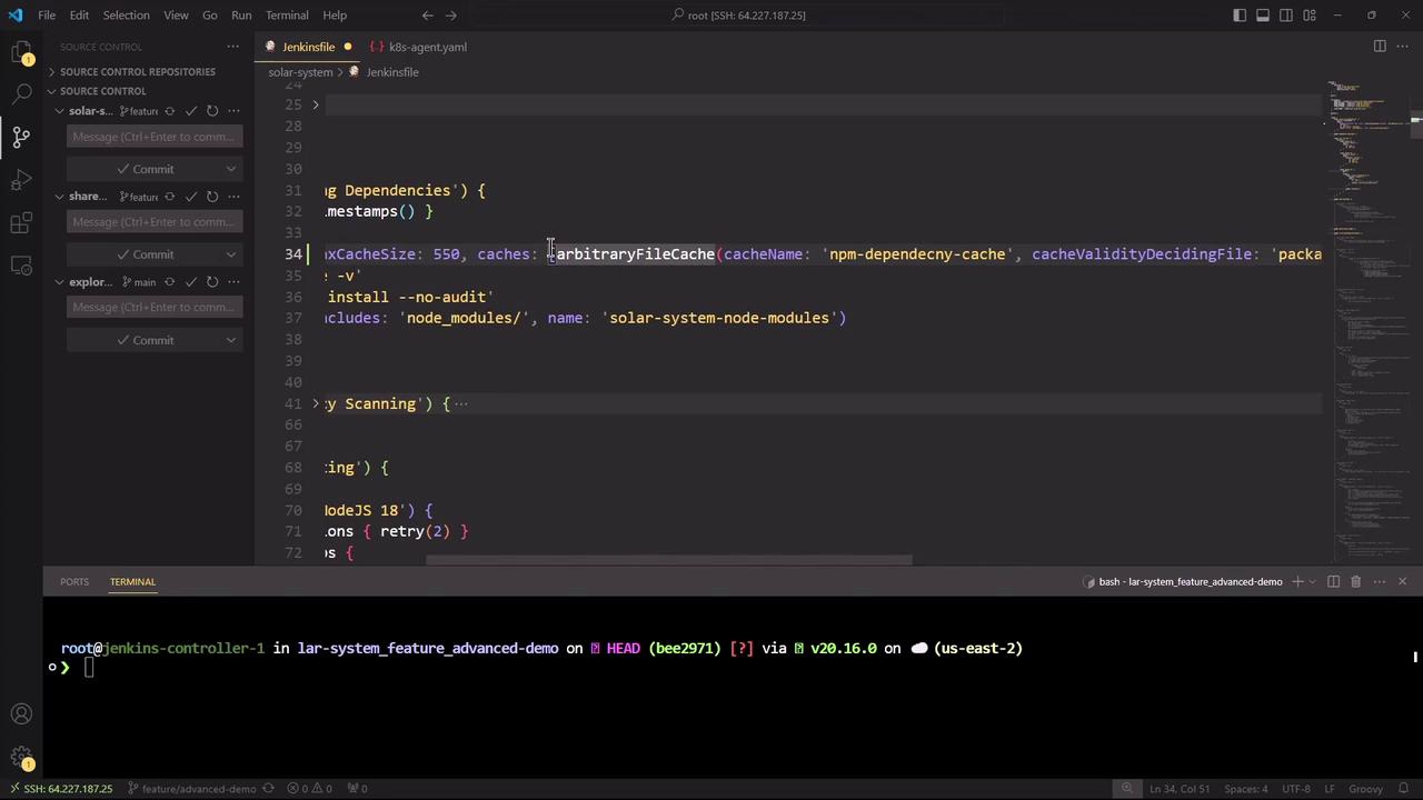 The image shows a Visual Studio Code interface with a Jenkinsfile open, displaying code related to dependency caching. Below, a terminal window is open with a command prompt.