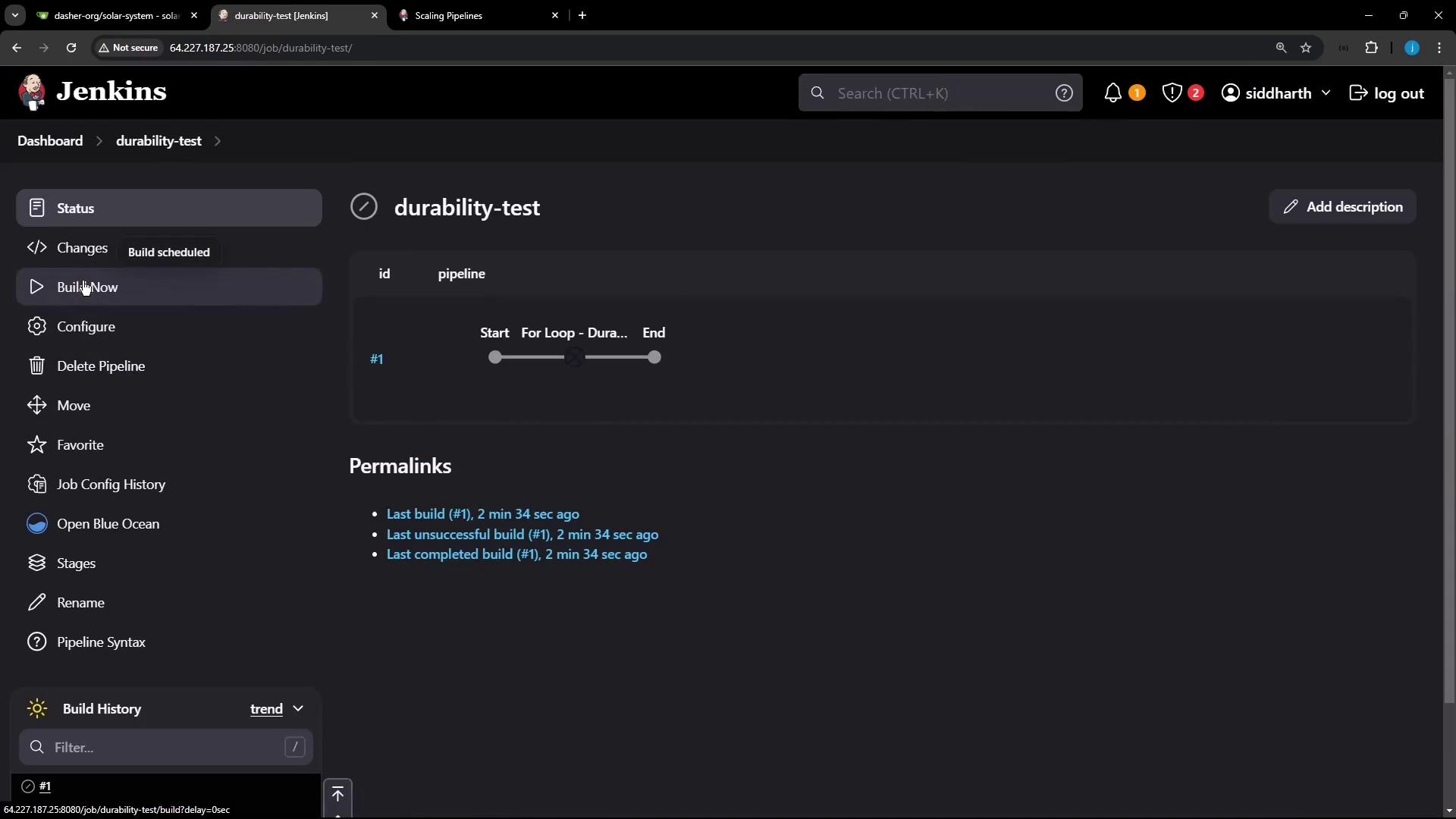 The image shows a Jenkins dashboard for a project named "durability-test," displaying build options, pipeline status, and build history.