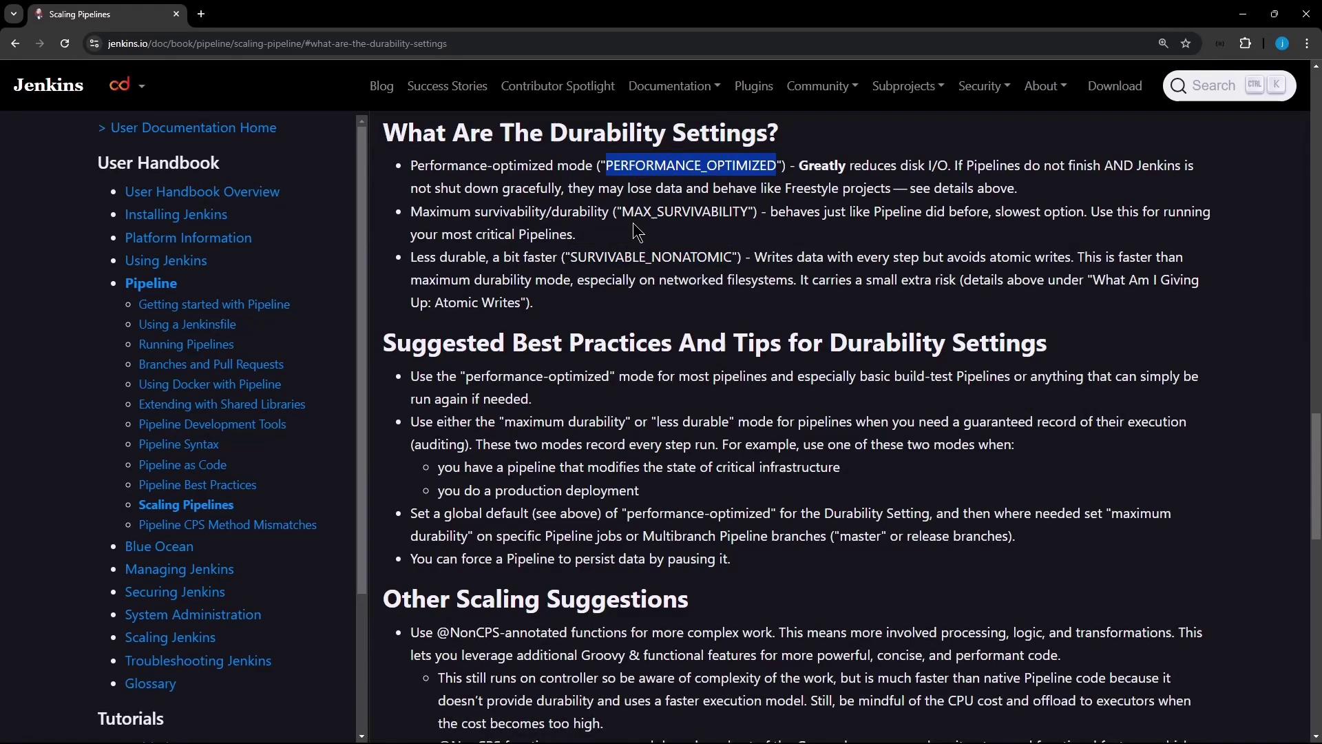 The image shows a webpage from the Jenkins documentation, specifically discussing durability settings and best practices for scaling pipelines. It includes a navigation menu on the left and detailed text about performance optimization and other scaling suggestions on the right.
