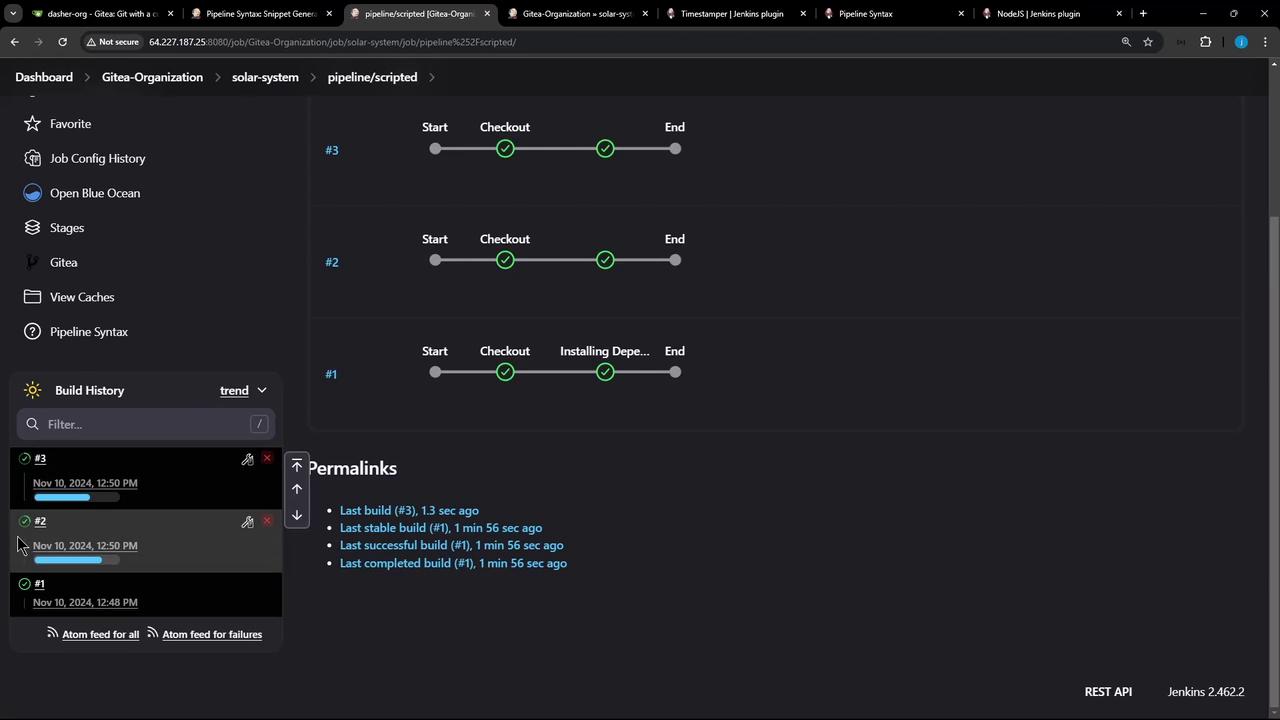 The image shows a Jenkins pipeline interface with three build stages, each displaying progress from "Start" to "End," and a build history on the left. The interface includes details about recent builds and their statuses.