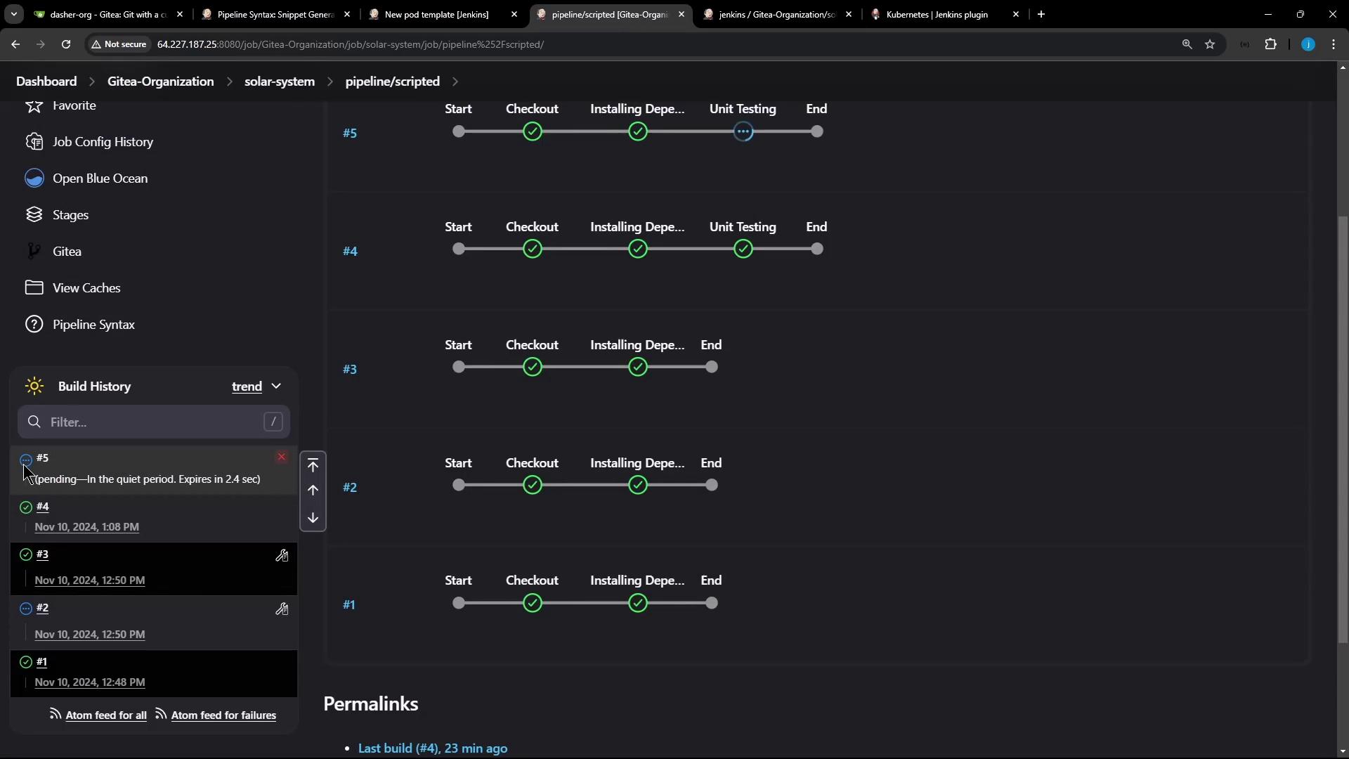 The image shows a Jenkins pipeline interface with multiple build stages, including "Checkout," "Installing Dependencies," and "Unit Testing." It also displays a build history with several builds listed, one of which is pending.