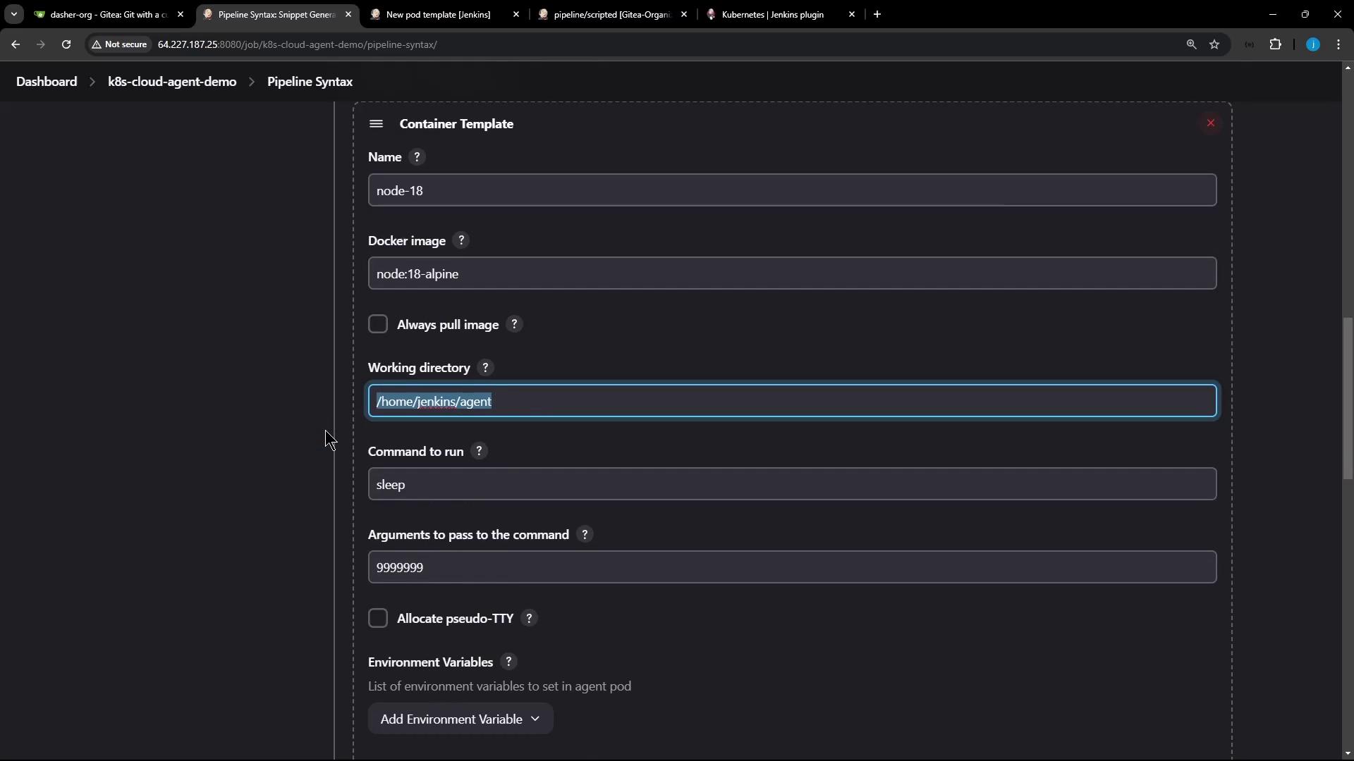 The image shows a Jenkins pipeline configuration screen, specifically a container template setup with fields for Docker image, working directory, and command to run.