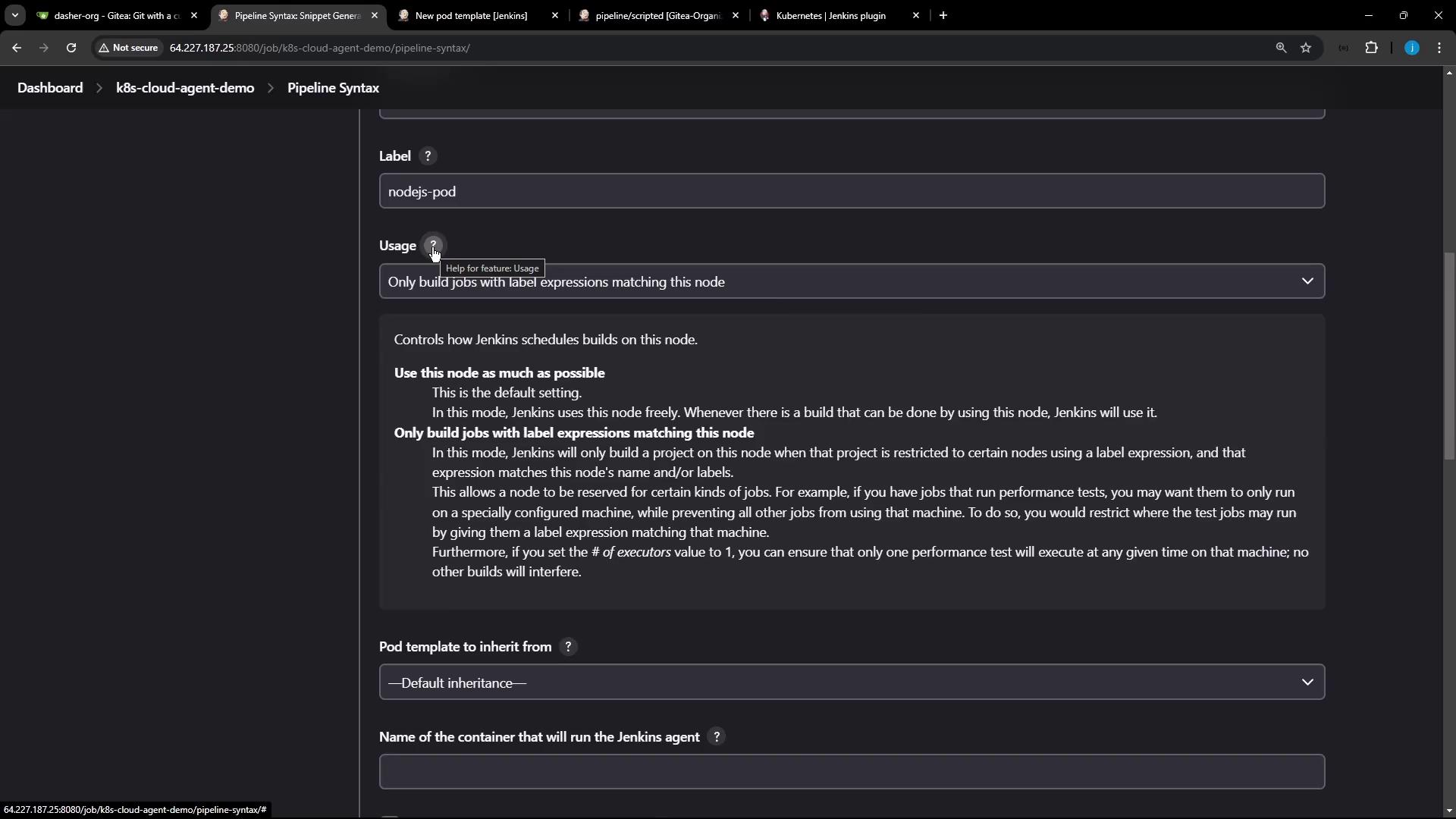 The image shows a Jenkins pipeline configuration screen with options for node usage and pod template settings. It includes a label field set to "nodejs-pod" and a dropdown for usage selection.