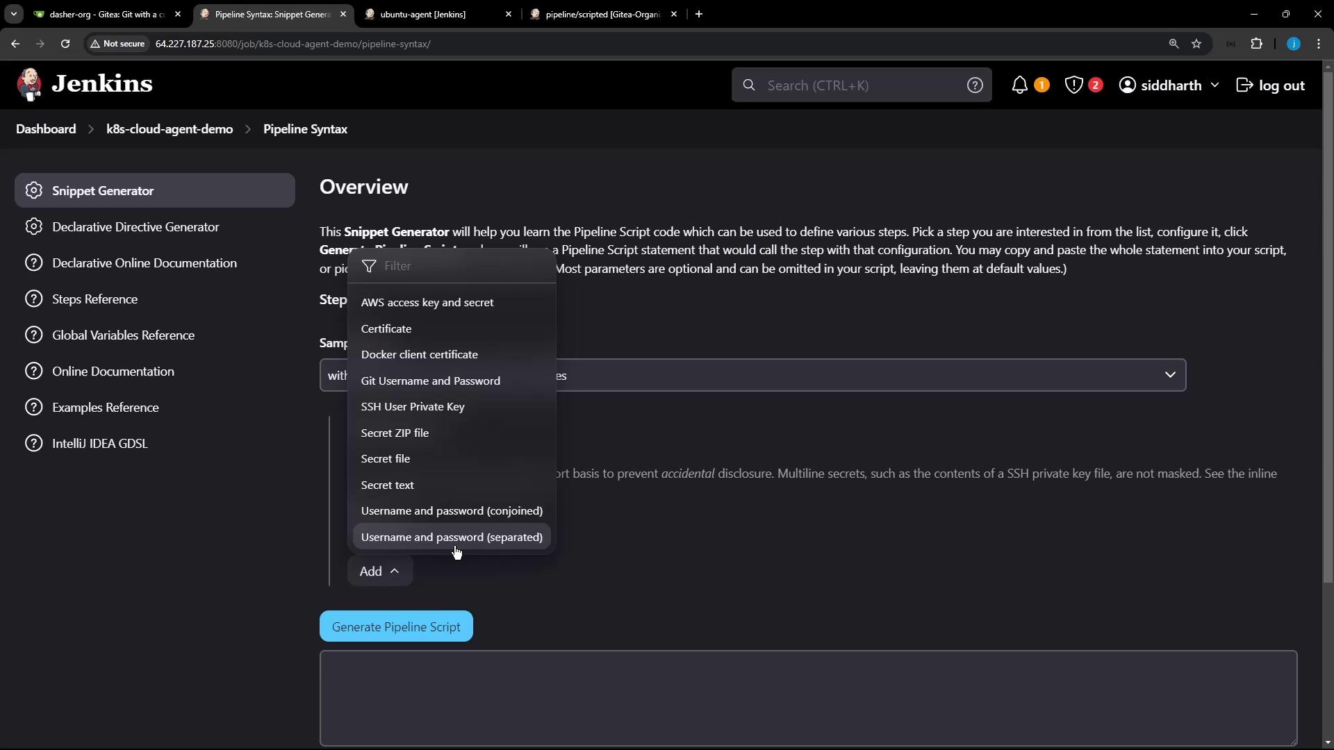 The image shows a Jenkins interface with a "Snippet Generator" for creating pipeline scripts. A dropdown menu is open, displaying options for selecting credentials like AWS access keys and SSH user private keys.