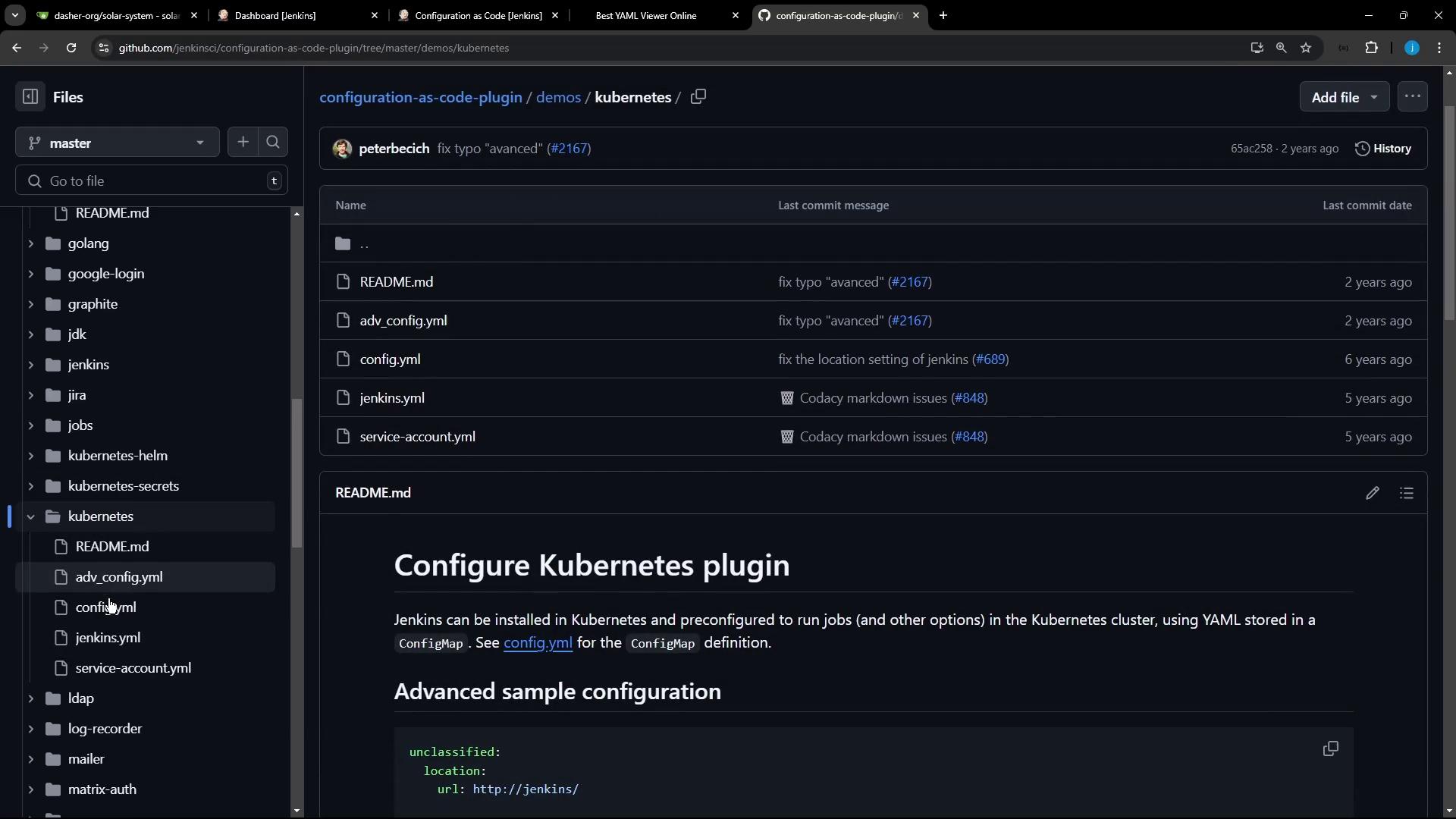 The image shows a GitHub repository page for a Jenkins configuration-as-code plugin, specifically in the "kubernetes" directory, with a list of YAML files and a README.md file. The README section provides instructions for configuring a Kubernetes plugin.