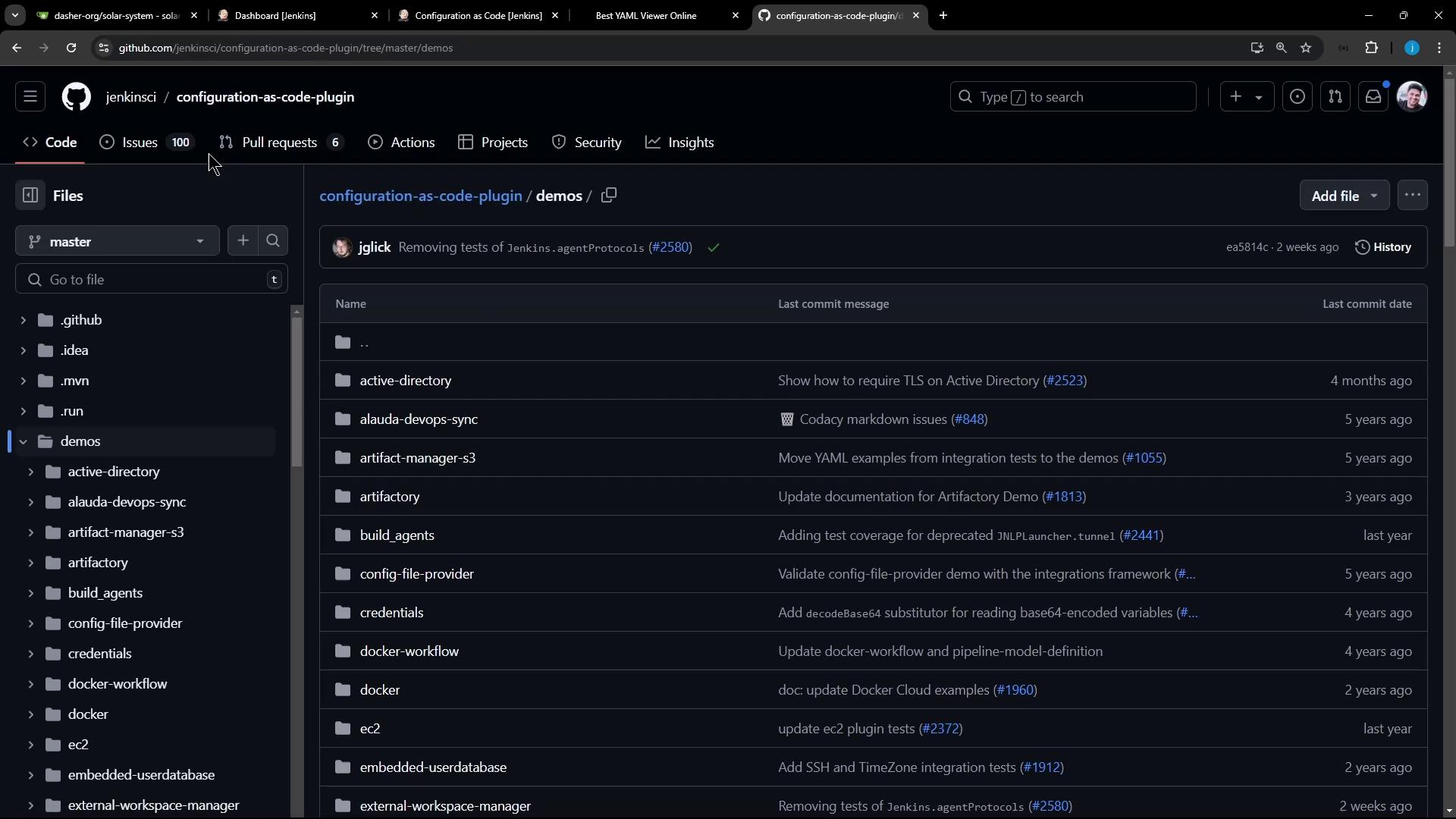 The image shows a GitHub repository page for the "configuration-as-code-plugin" with a list of folders and files in the "demos" directory, along with commit messages and dates.