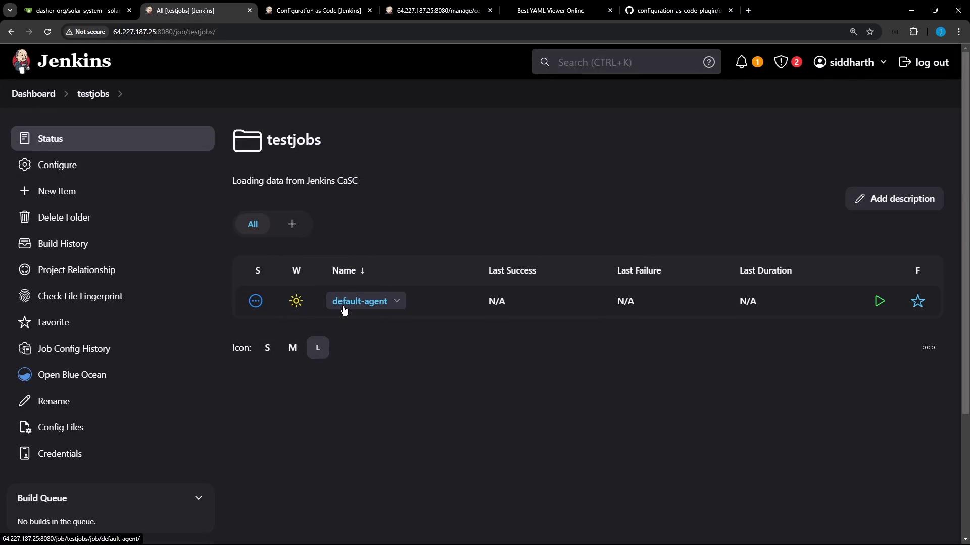 The image shows a Jenkins dashboard with a job named "default-agent" under the "testjobs" folder, displaying options for configuration and build history.