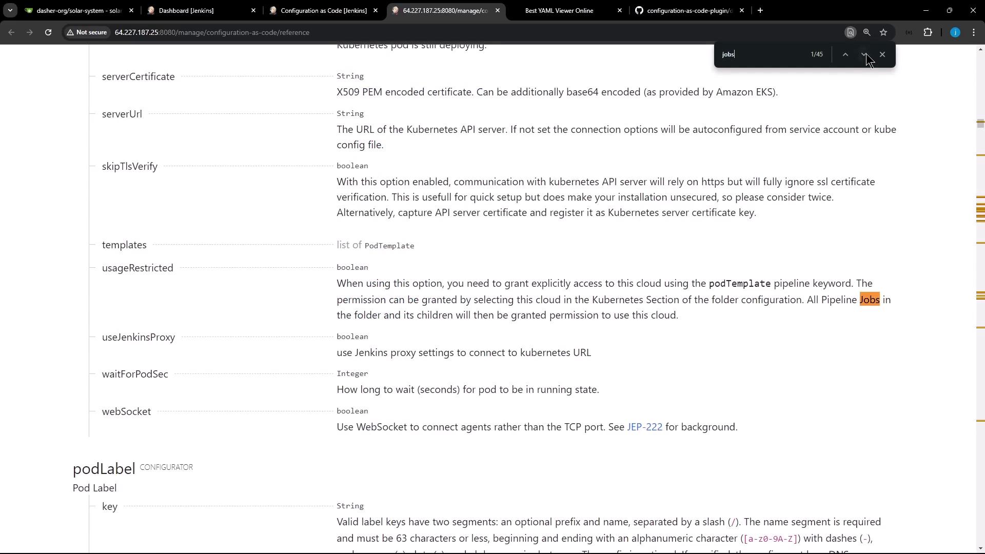 The image shows a webpage with documentation related to Jenkins configuration, specifically focusing on Kubernetes integration settings. Various configuration options and descriptions are listed, such as server certificates and proxy settings.
