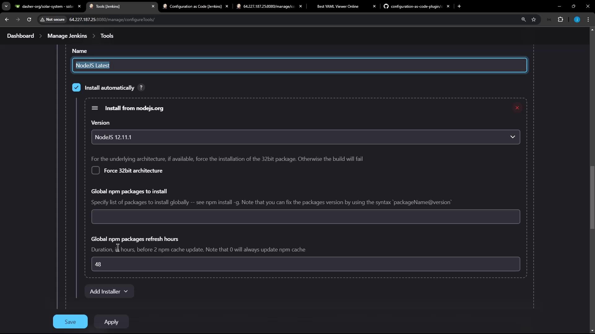 The image shows a Jenkins configuration screen for managing tools, specifically for setting up NodeJS. It includes options for version selection, architecture settings, and global npm package installation.