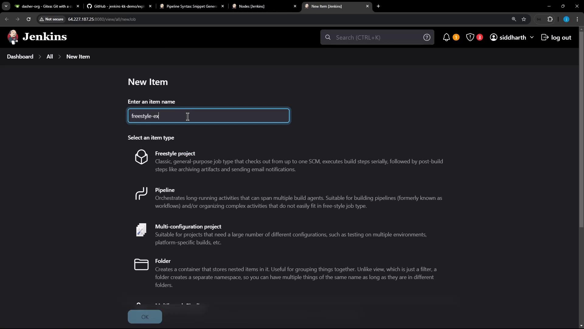 The image shows a Jenkins interface where a user is creating a new item, with options to select different project types like Freestyle project, Pipeline, Multi-configuration project, and Folder. The item name being entered is "freestyle-ex".