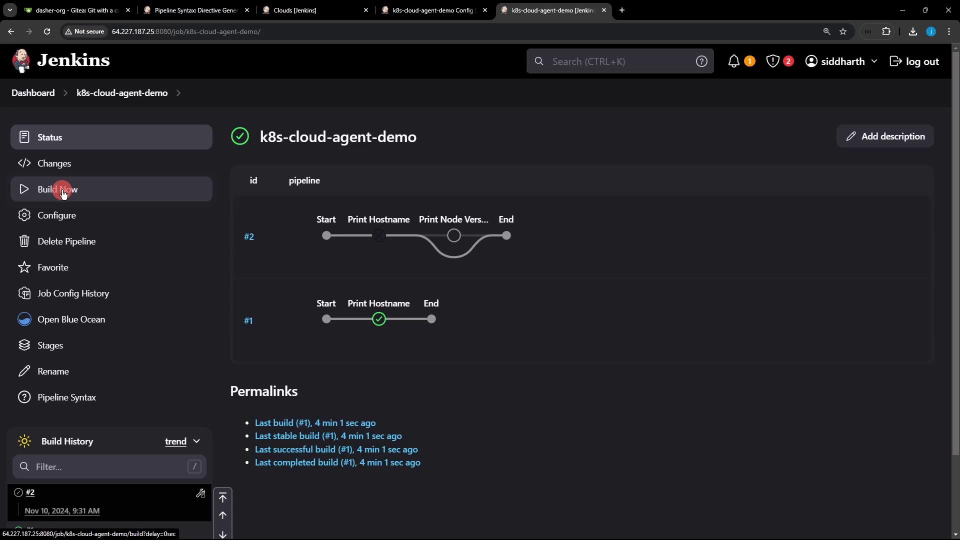 The image shows a Jenkins dashboard with a pipeline named "k8s-cloud-agent-demo," displaying the status of two builds with stages like "Print Hostname" and "Print Node Version." The sidebar includes options like "Build Now," "Configure," and "Open Blue Ocean."